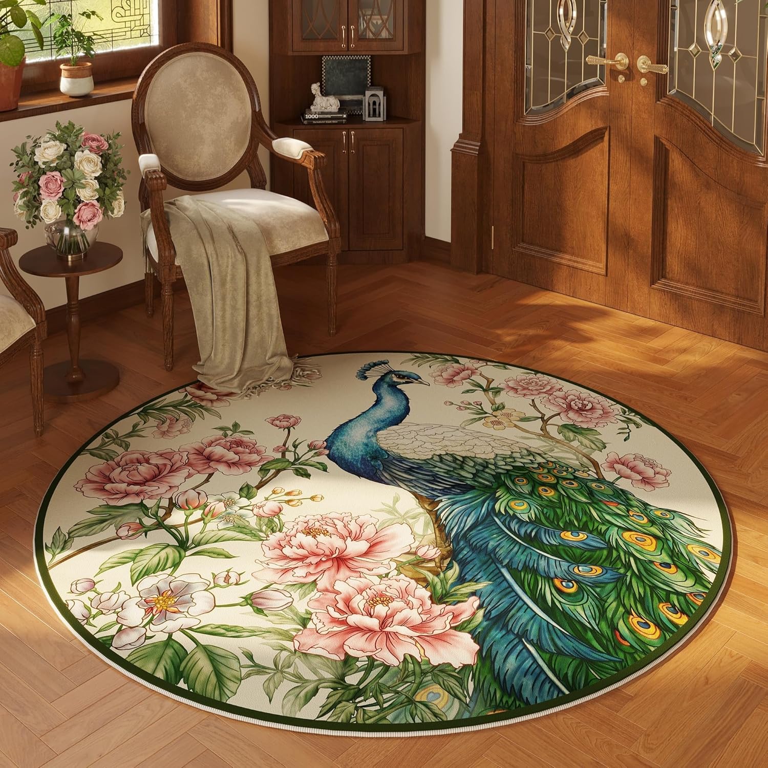 Round Rug 4ft Washable Circle Rug Non Slip Low Pile Floral Peacock Animal Small Circular Rug for Bedroom, Bathroom, Entryway, Kids Room, Office, College Dorm (Beige)