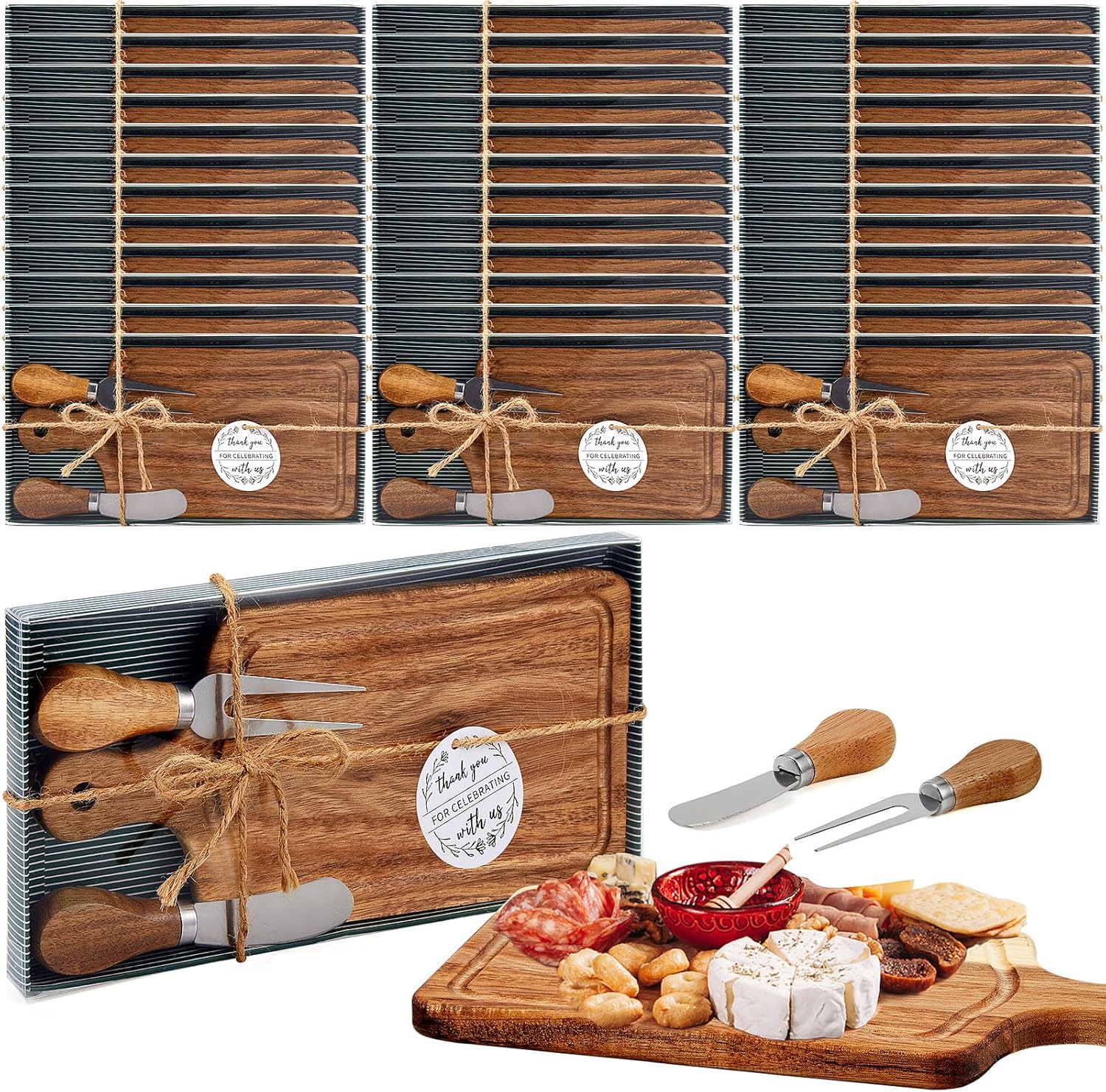 36 Set Bridal Baby Shower Cheese Prizes Wooden Square Board Gift Set Knives Forks Thank You Tags with Box for Guests for Valentines Bridal Baby Shower Housewarming Gifts (Acacia Color) Acacia Color 36