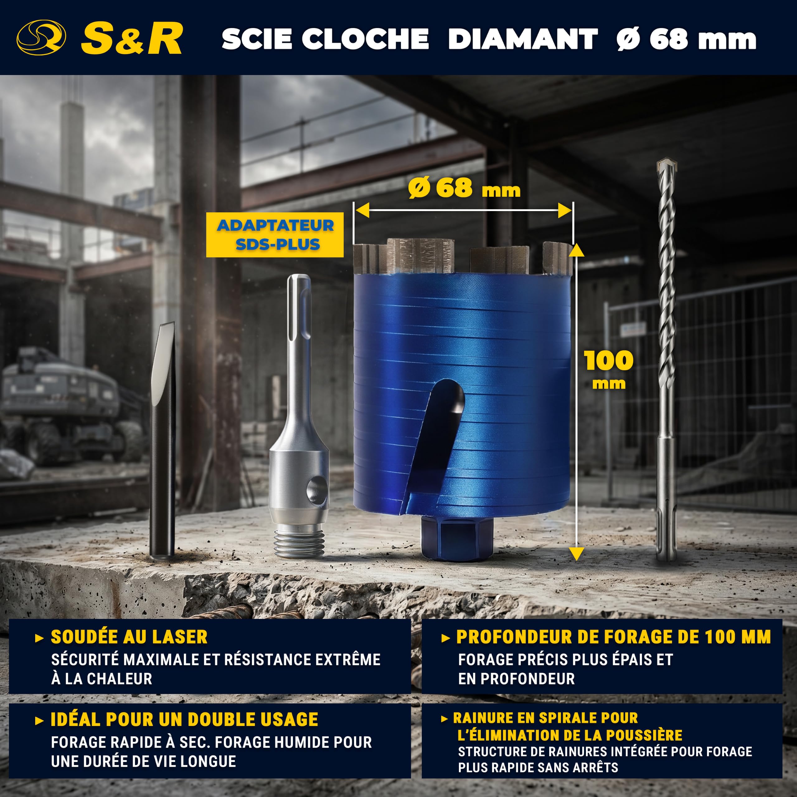 S&R Scie Cloche Trépan Béton 68mm. Foret Couronne Diamant Carotteuse 68. Scie Cloche Brique Marbre Maçonnerie. Adaptateur SDS Plus M16 et Foret Guide 8x110 mm
