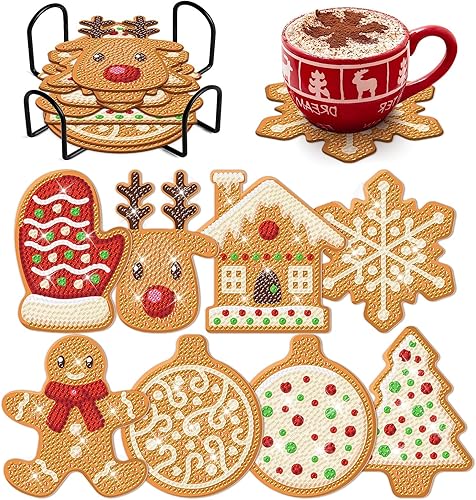 8 piezas de posavasos de diamante de hombre de jengibre de Navidad con soporte, posavasos de arte de diamante para bricolaje, posavasos