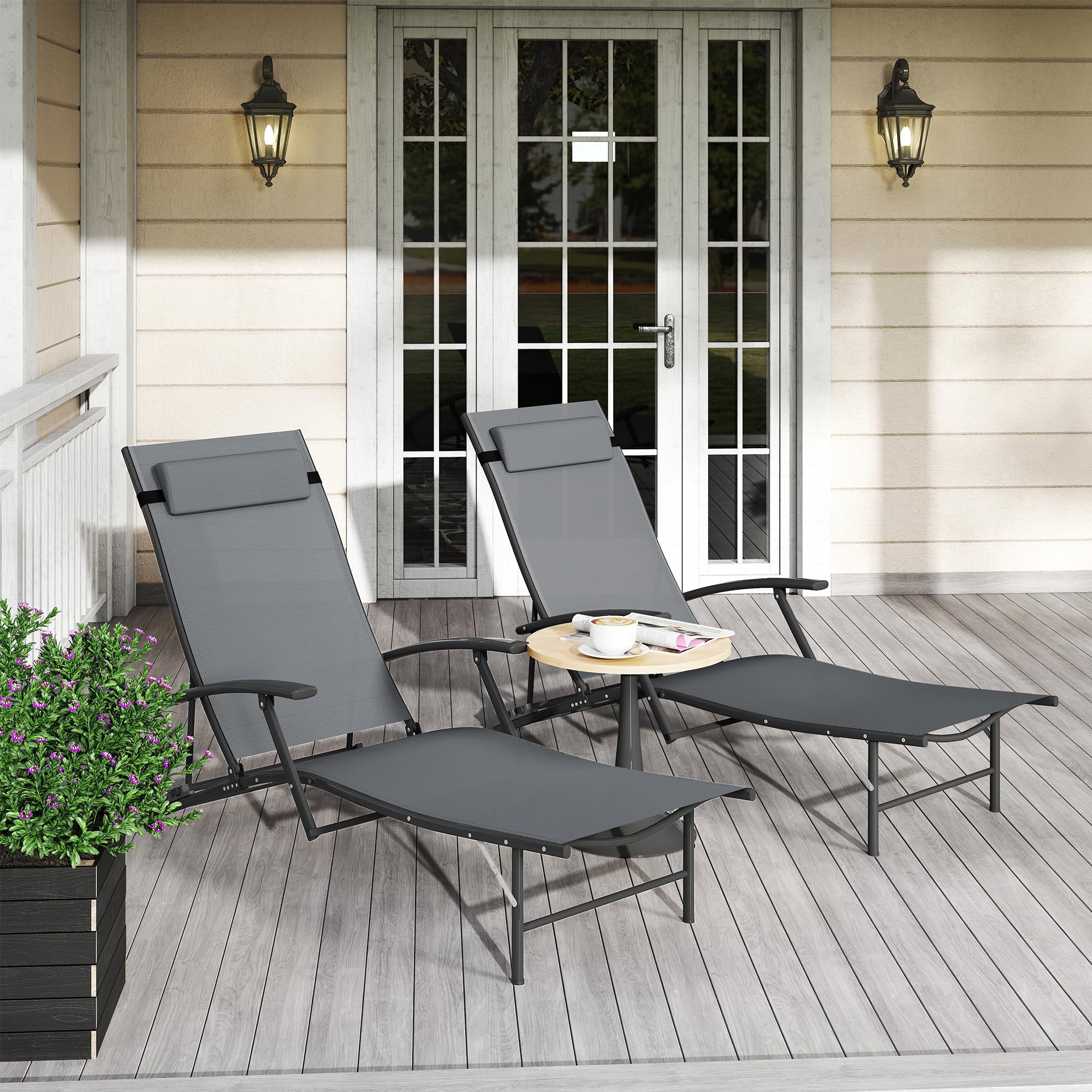Outsunny Set di 2 Lettini Prendisole Pieghevoli 64x168x75 cm Grigio | Schienale Regolabile su 4 Livelli, Sdraio da Giardino, Seduta e Poggiatesta in Acciaio e Textilene, per Spiaggia e Piscina