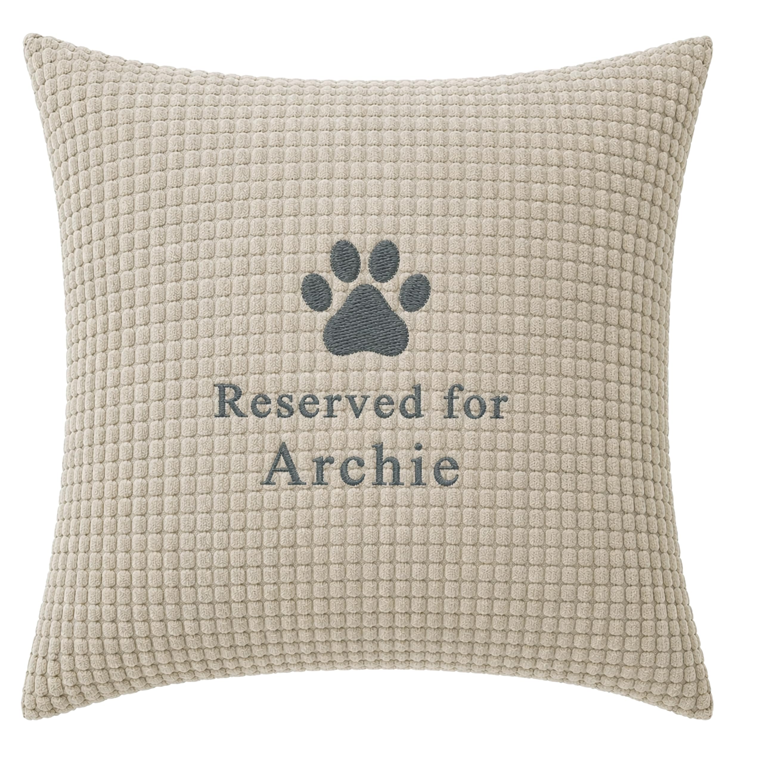 JJLC Personalised Dog Cushion Cover “Reserved for” – Pet Name Cushion Cover – Black, Beige or Grey – 45cm Square – Optional Inner (Beige Pet Cushion)