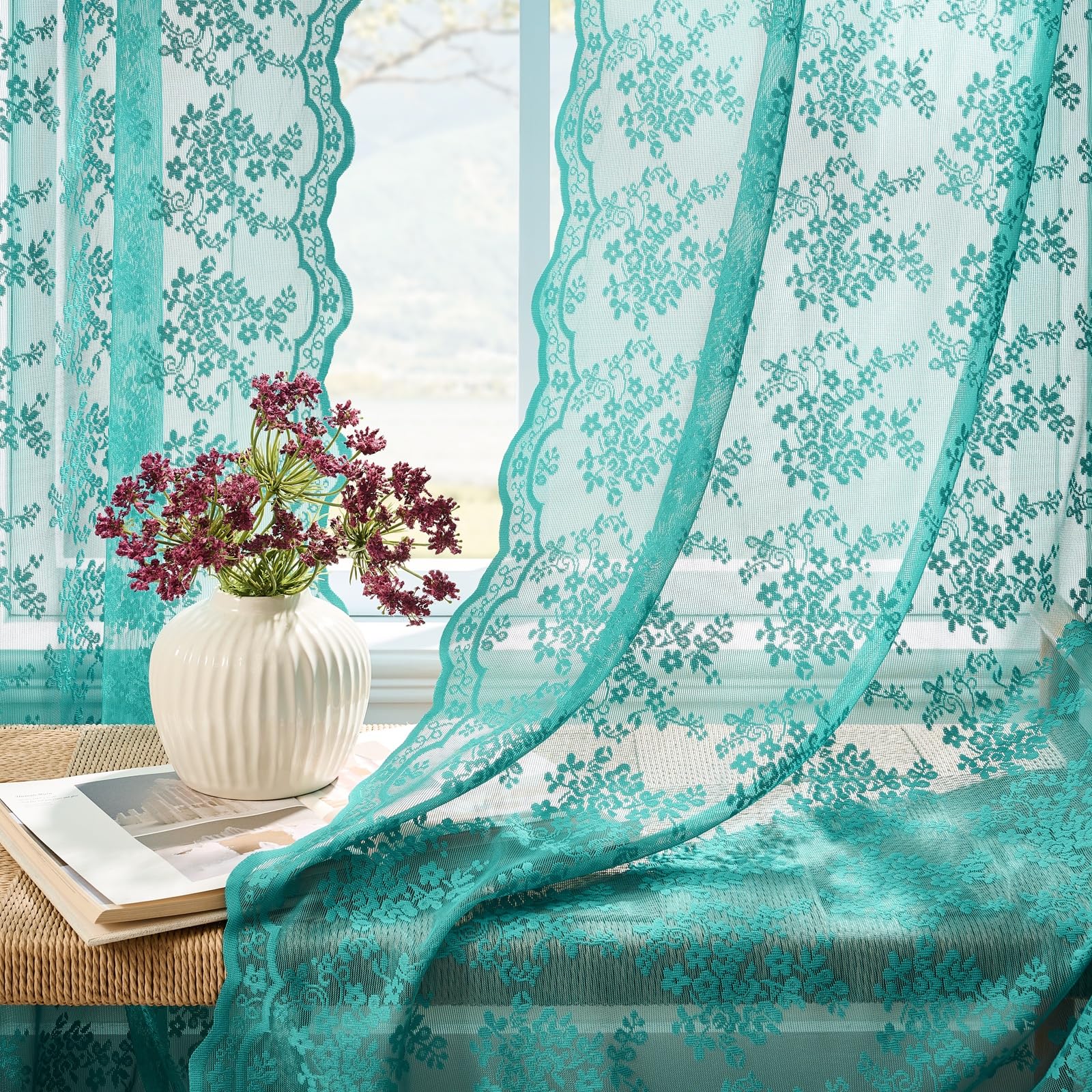YJ YANJUN Vintage Lace Curtains 84 Inches Long-Victorian Floral Teal Sheer Curtain Panels for Living Room Bedroom Boho Farmhouse Shabby Chic Drapes Light Filtering 2 Panels 52W x 84L Dark Cyan
