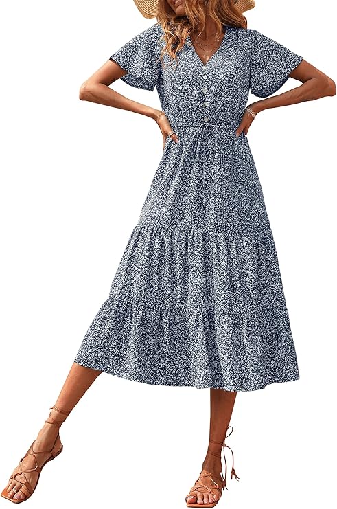 PRETTYGARDEN Summer Floral Dress for Women 2025 Casual Boho Short Sleeve Maxi Dresses V Neck Tiered Flowy Beach Sundress