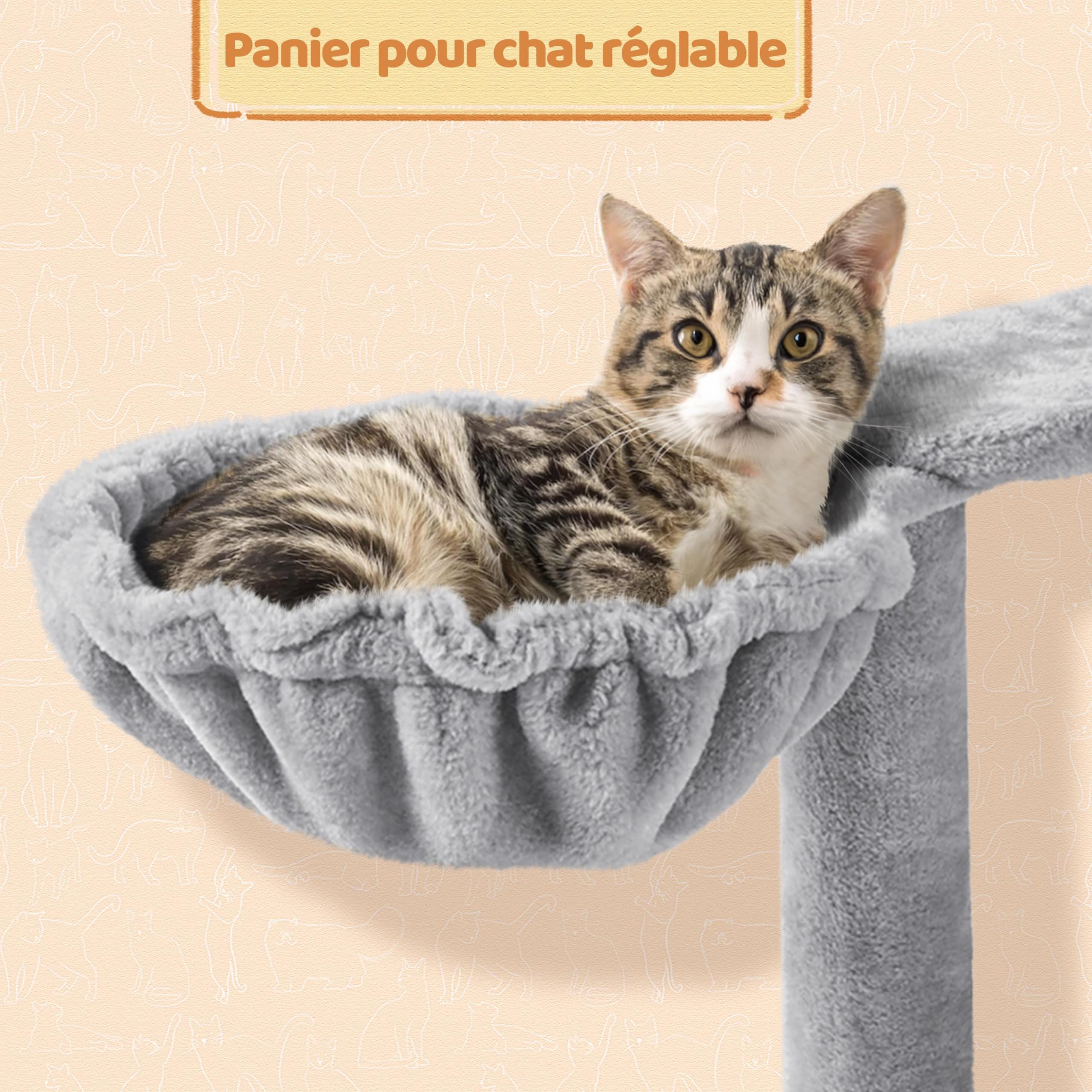 Yaheetech Arbre à Chat Multiniveau Tour pour Chat avec Cachettes Panier Perchoirs Rampe Poteaux en Sisal Boule Suspendue Tour d'escalade pour Chatons 145 cm de Haut Gris Clair