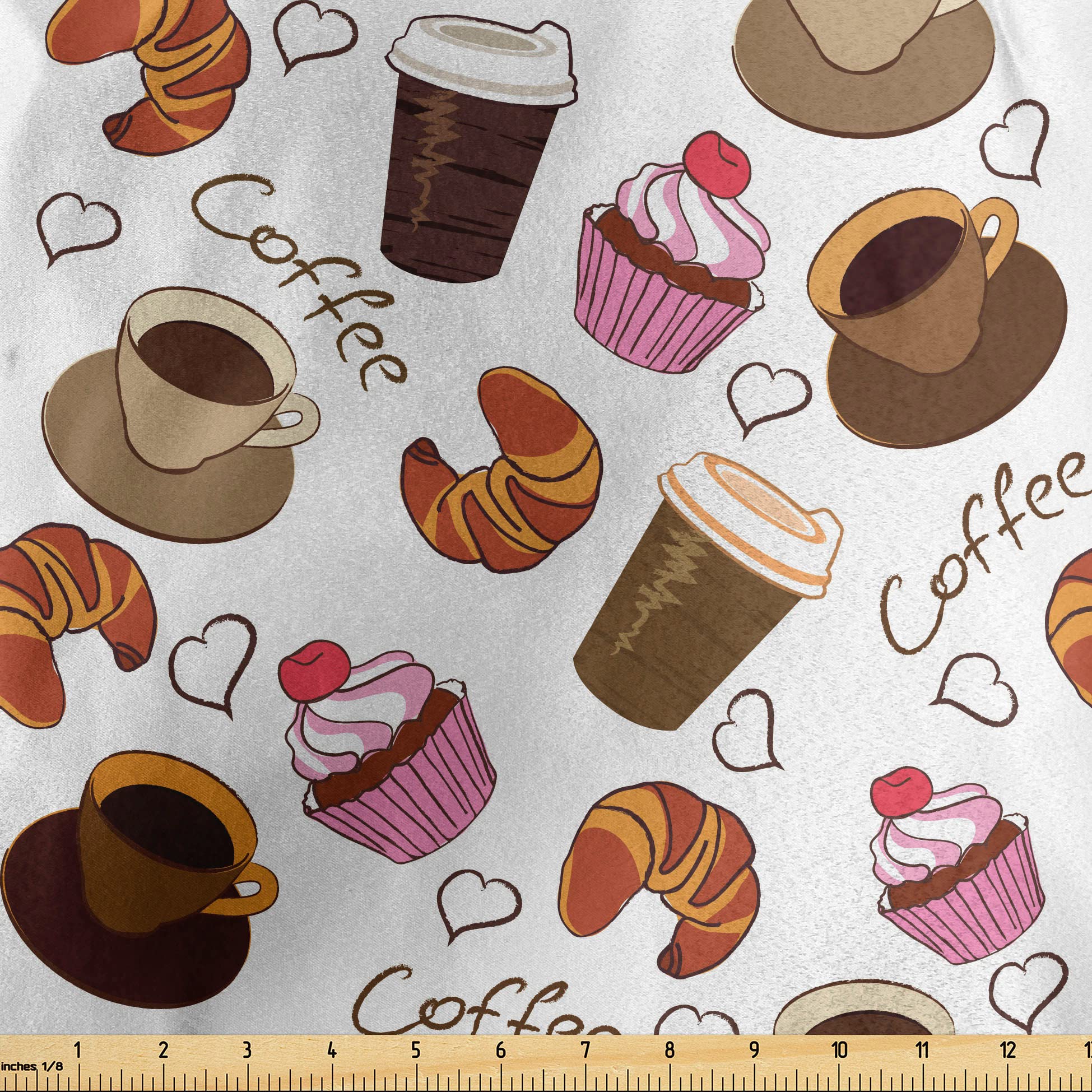 Lunarable Coffee Fabric by The Yard, Coffee Cups Takeaways and Sweets Cherry Cupcake Croissant American Breakfast Culture, Decorative Satin Fabric for Home Textiles and Crafts, 1 Yard, Brown Pink