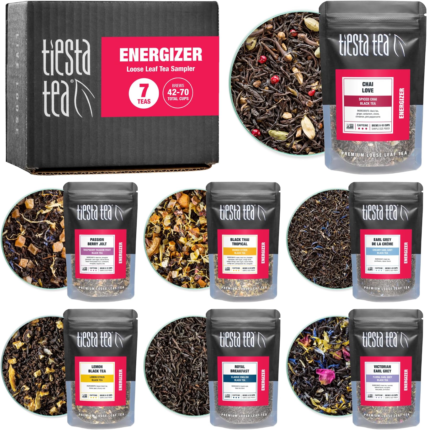 Tiesta Tea Dry Flight Sampler, Energizer Tea, 8 Count 1 Ounce Pouches, Loose Leaf Black & Mate Tea Blends, 8 to 12 Servings of Each Flavor, High Caffeine, Gift Set