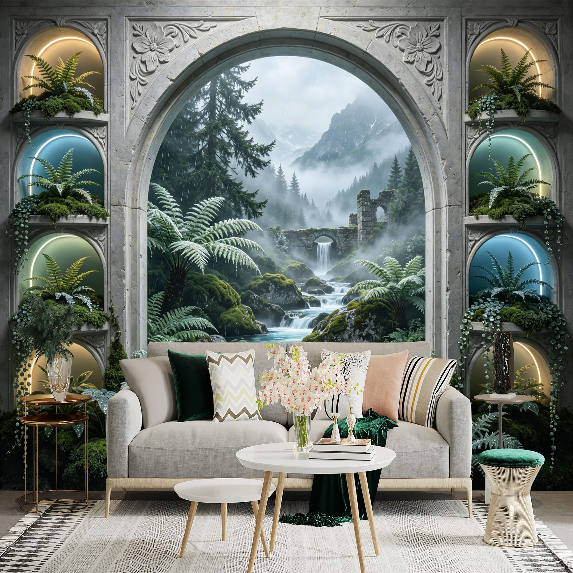 Lnzczhyre Dbh260521015 Custom Size Wall Sticker Mural， Arch Window With Misty Forest Waterfall， Ancient Stone Bridge And Ferns， For Wall Decoration， Peelandstick Wall Decals.