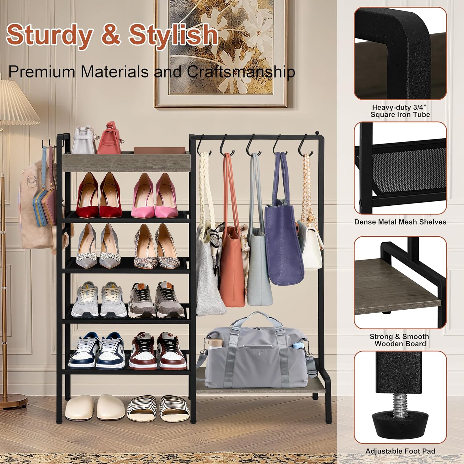 2-in-1 Shoe and Purse Rack, 5-Tier Shoe Rack with Wooden Tray & 7 Hooks, Industrial Metal Shoe Shelf with Removable Shelves for Entryway, Front Door Entrance, Closet, Boot Storage, Black