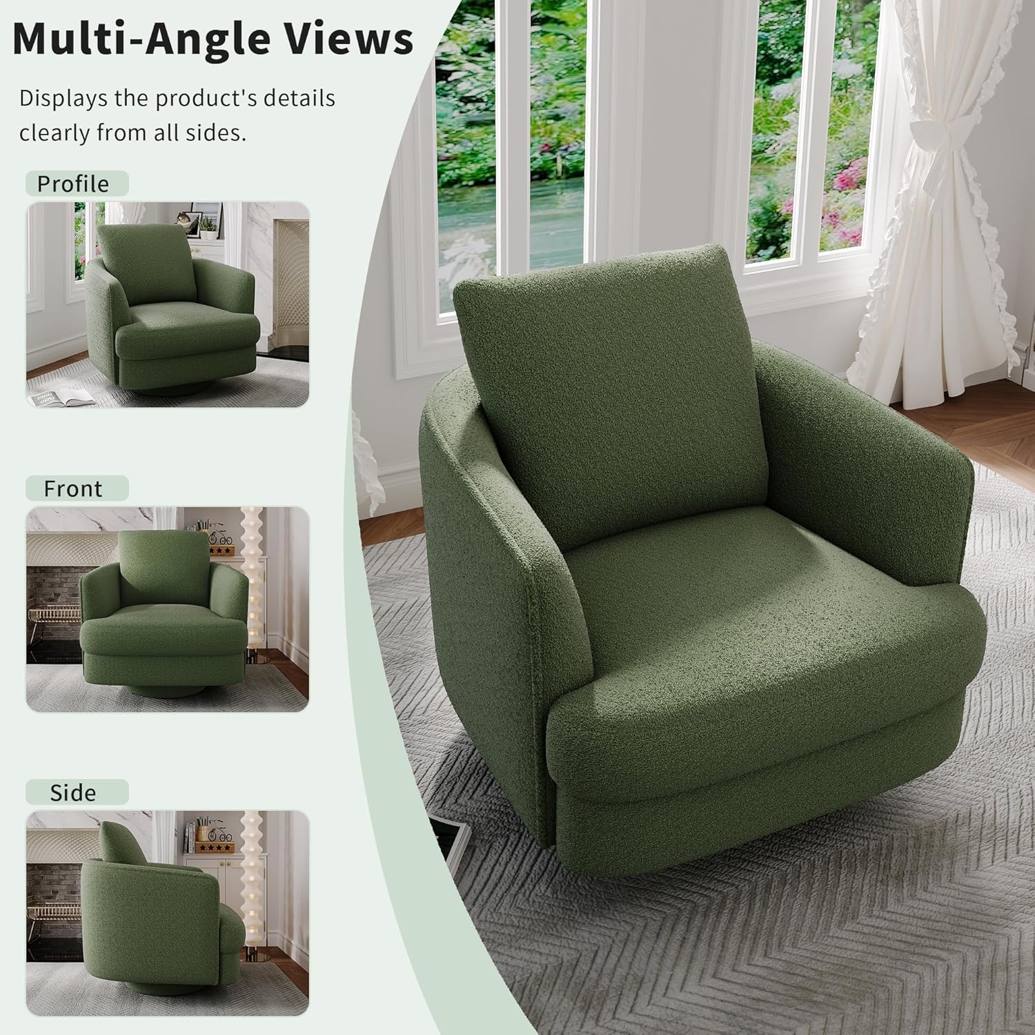 EJUNQ Swivel Accent Chair,Modern 360 °Swivel Barrel Chair, Oversized Armchair with Curve Back and Soft Cushion，Comfy Round Single Sofa,Club Reading Chair for Living Room, Bedroom, Office(Green)