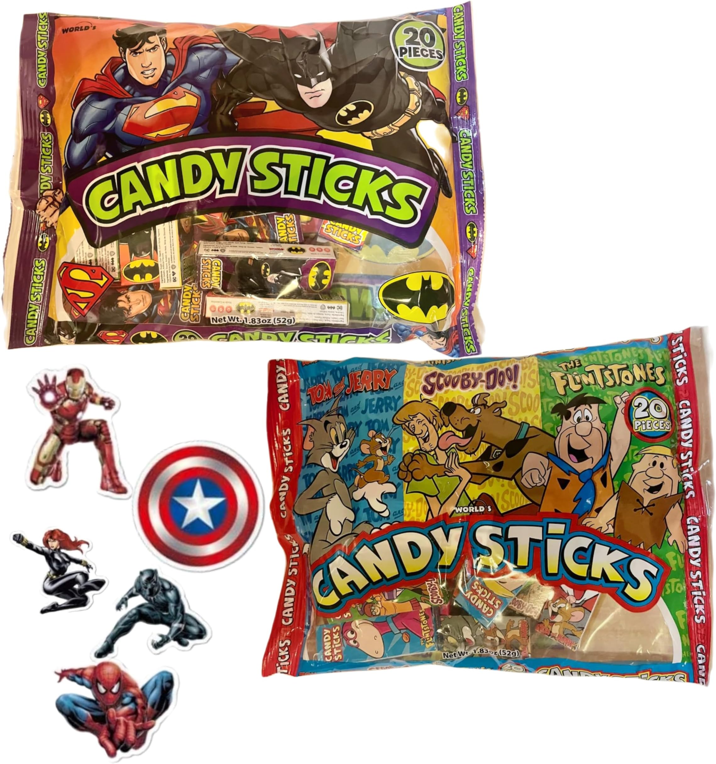 Candy Sticks Variety Pack Comix & Superheros Characters | Individually Boxed 40 Count | Classroom Gifts, Party Favors, Halloween, Birthdays | Stickers included