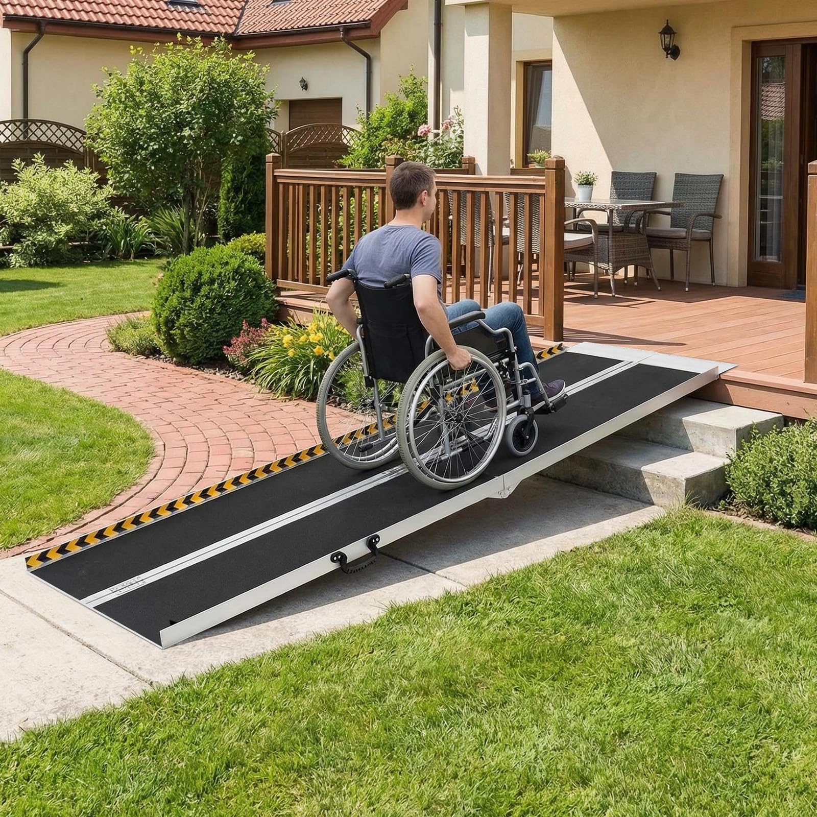 Rampa de aluminio para silla de ruedas con superficie de papel de lija, 2 bisagras de acero inoxidable, mango y tiras de goma, rampa de movilidad plegable portátil, rampa de umbral antideslizante