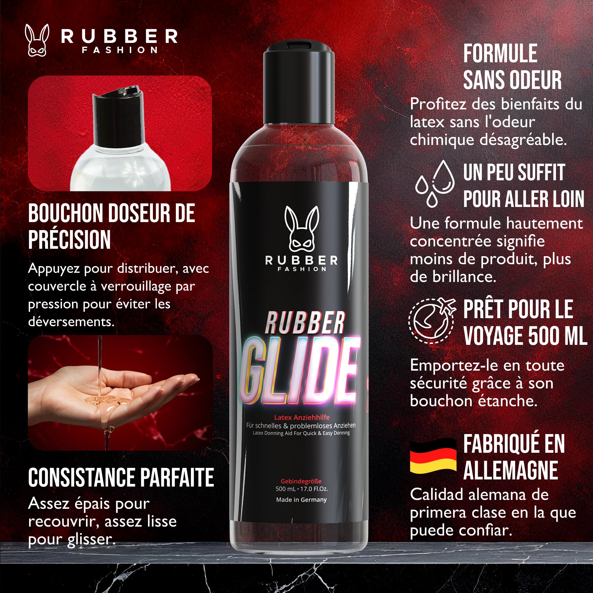 Rubberfashion RubberGlide Huile de silicone, soin du latex et aide à l'enfilage du latex, huile de silicone brillante pour vêtements en latex, tenue en caoutchouc et fétiche, huile de silicone