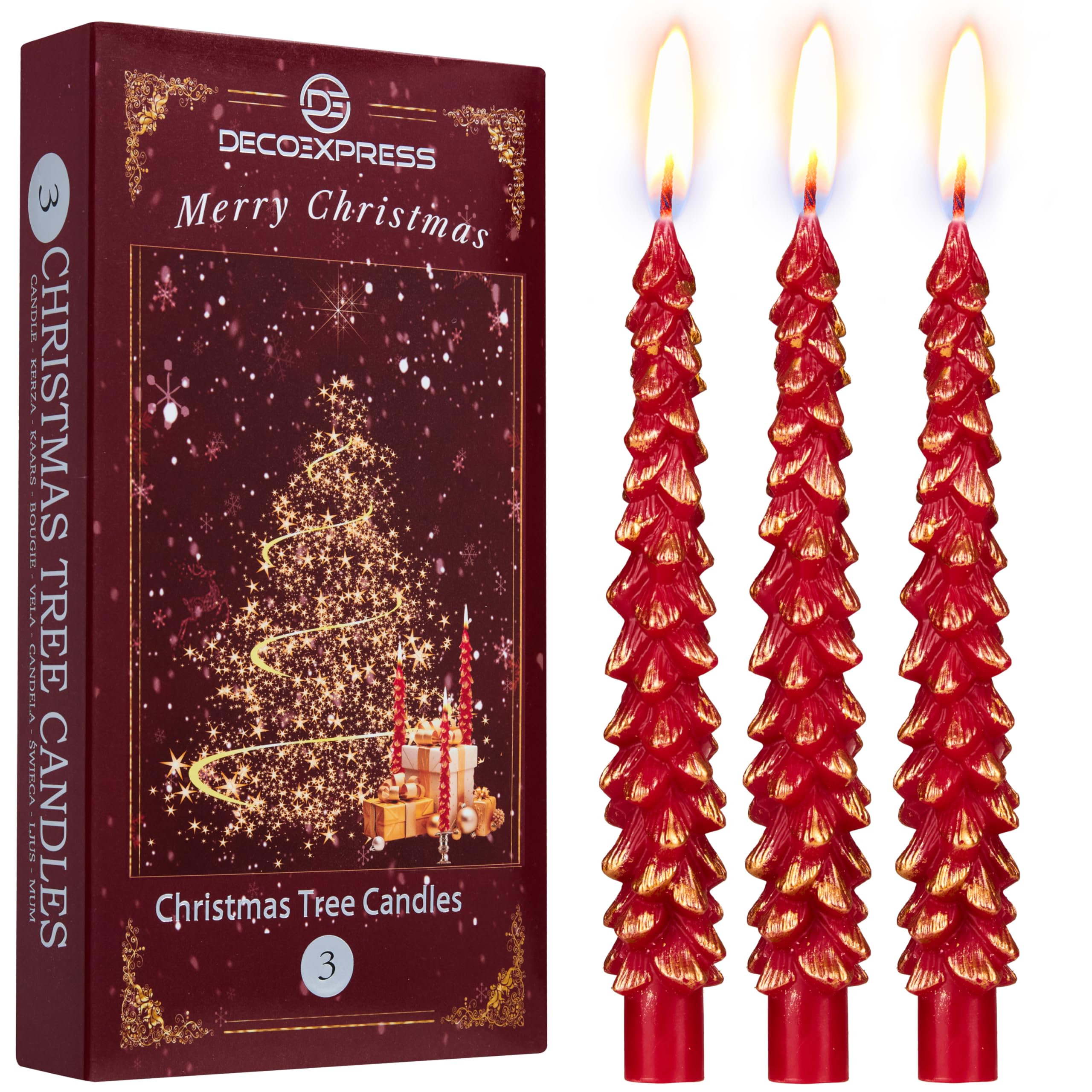 Deco Express Christmas Tree Candles Set of 3 or 6, Dinner Candles 7 Hr Burn, Table Centrepiece Festive Decor Xmas Holiday, Gift Set Home Decoration (Red/Gold, 3 Pcs)