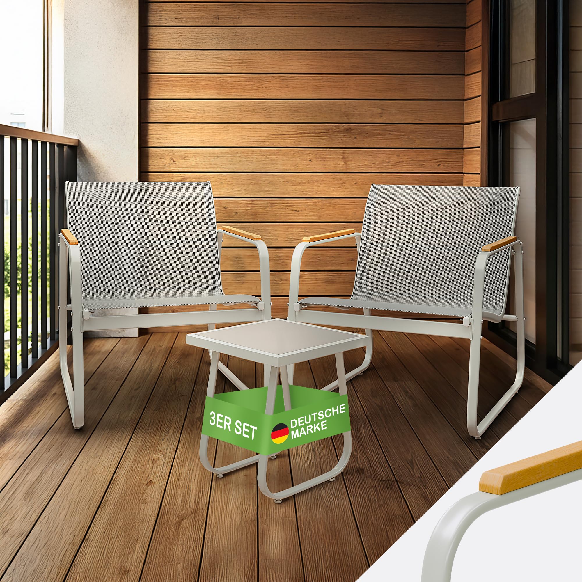 Blumtal Gartenmöbel Set 3er - Balkonmöbel Set für 2 Personen - 2 x Sessel + 1 x Tisch - Stahl Garten Möbel - Balkon Lounge Gartenmöbel - belastbare Gartenlounge - wetterbeständige Terrassenmöbel Grau