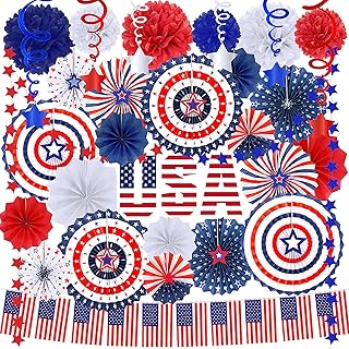 Bulk Patriotic Red White Blue Party Decoration Assortment American USA Flag Banner Star Garland Hanging Paper Fans Hanging...