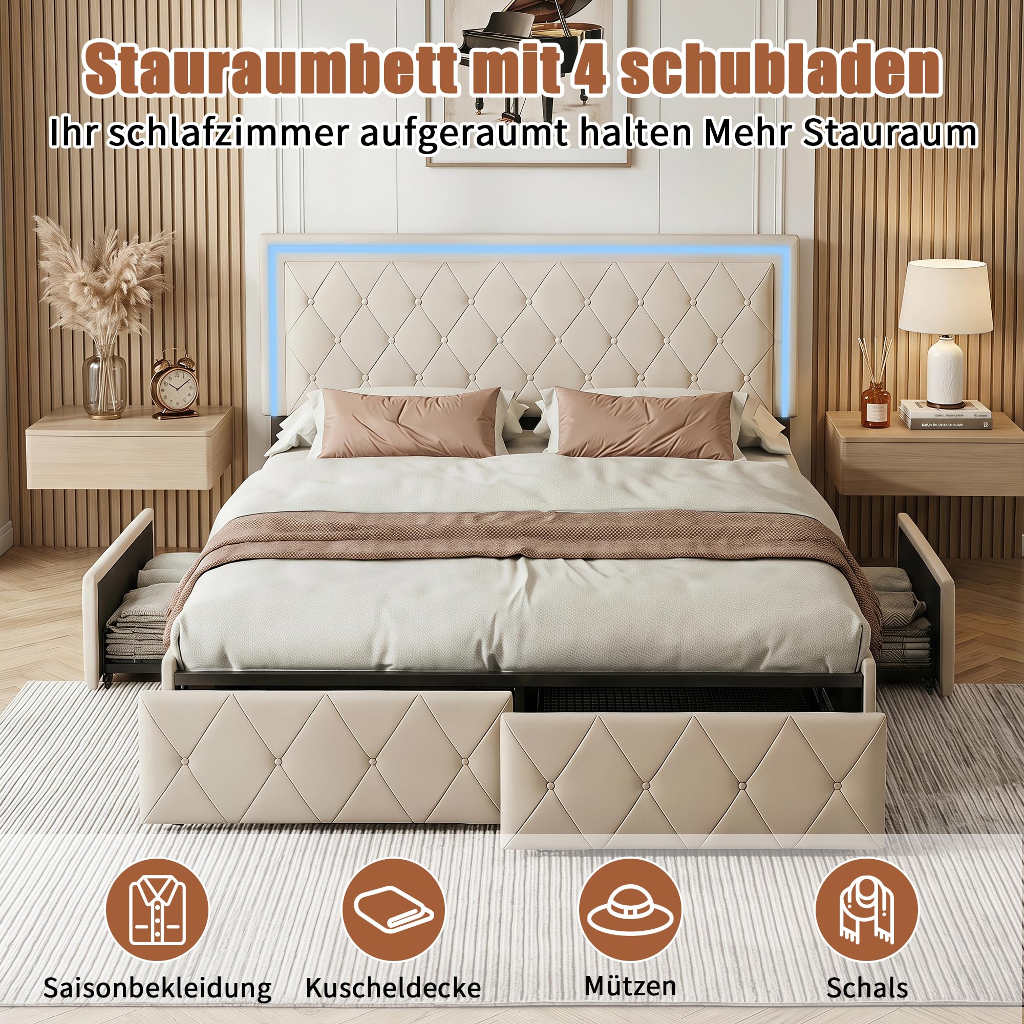 BRILVERDE Cama tapizada 140x200 con Almacenamiento, LED, Cama Doble con cabecero Ajustable, con 4 cajones, Cama Juvenil con Base de Láminas, para Adultos, PU (Beige, 140 x 200 cm)