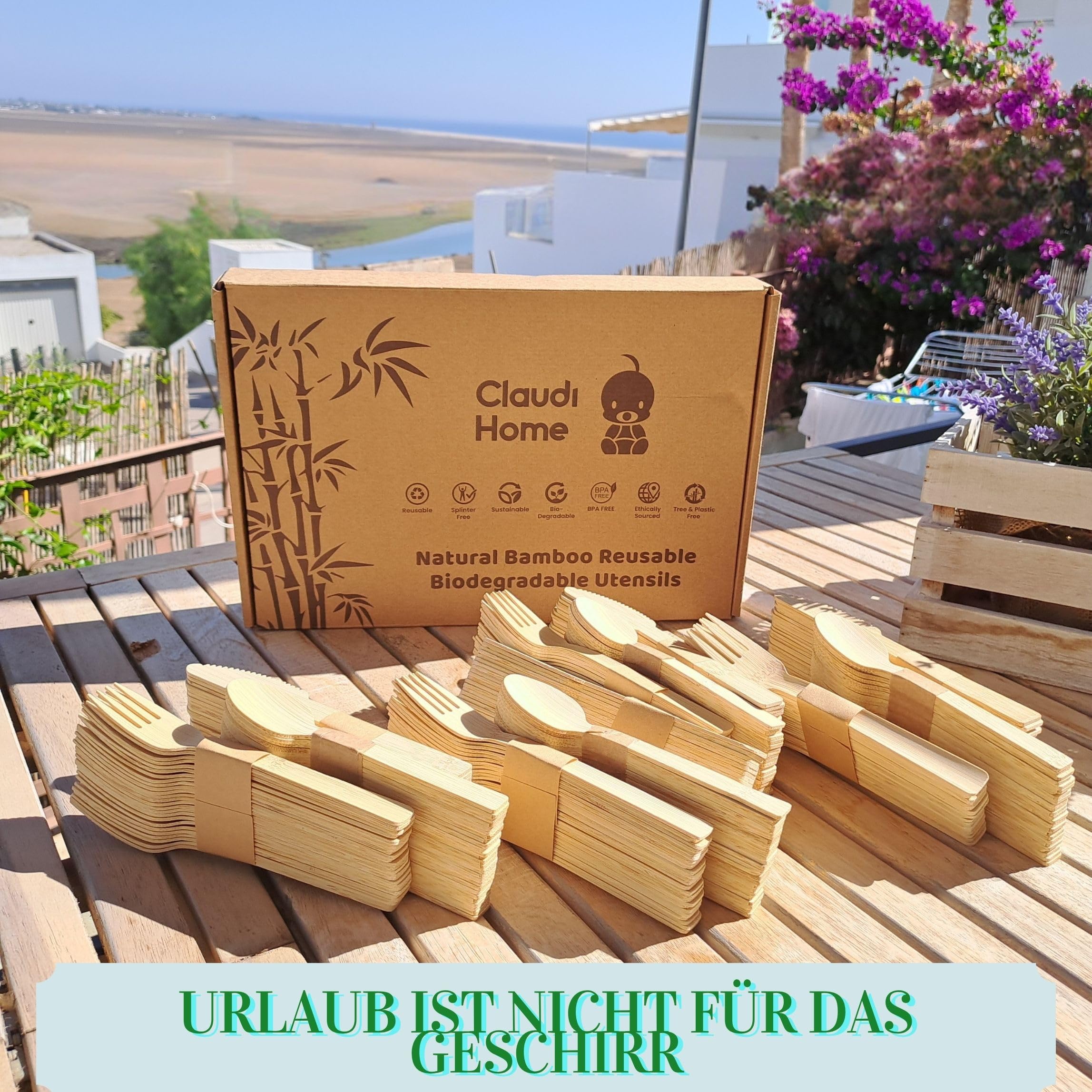 XL 300 Besteck-Set, Bambus, umweltfreundlich, kompostierbar, wiederverwendbar. Kein Holz Geshmack – 100 Gäste (Gabel 16cm/Messer 16cm/Dessertlöffel 14cm). Picknick, Grill, Party, Camping @Claudi Home