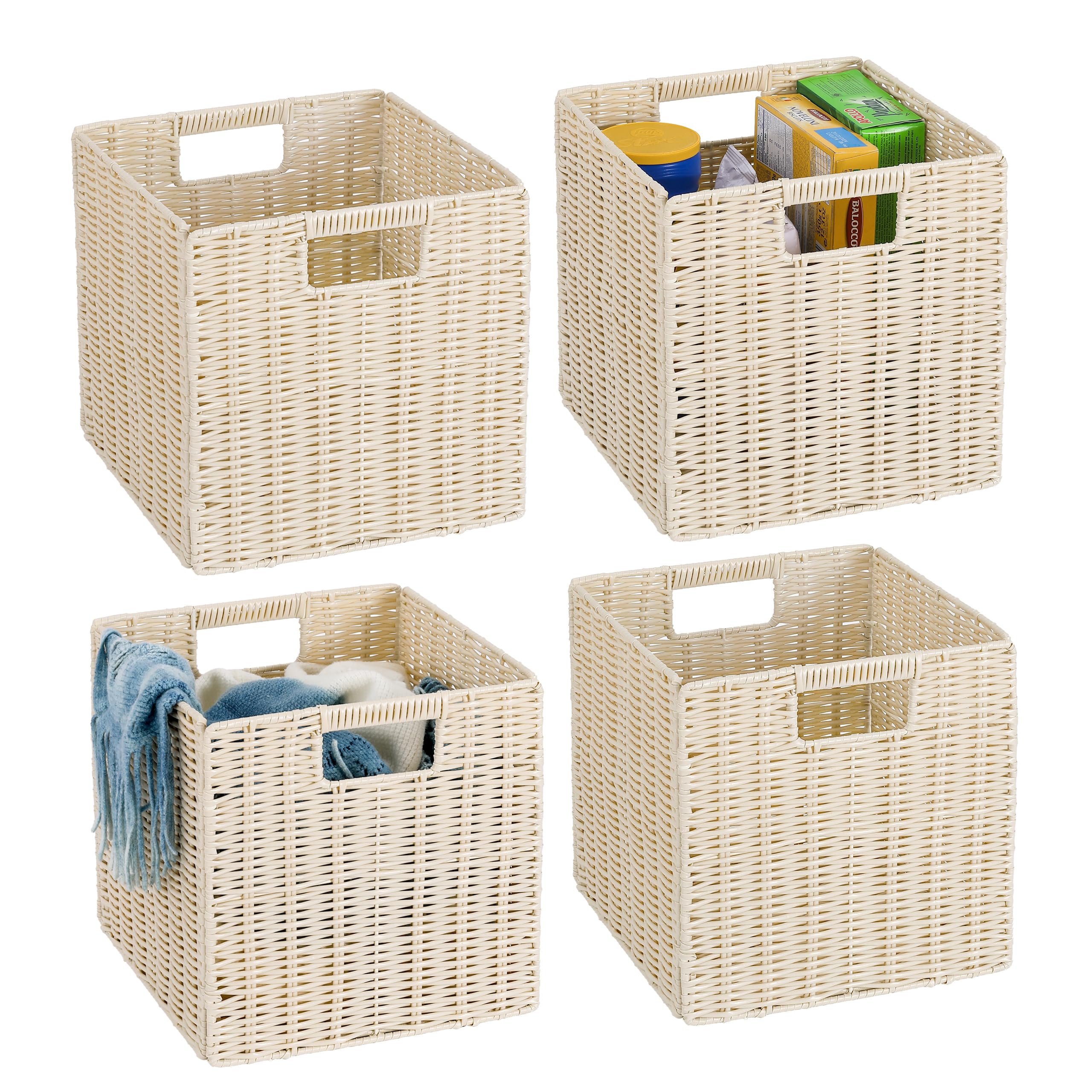 Photo 1 of 10.5 x 10.5 in Plastic Wicker Baskets for Cube Storage, Collapsible Square Wicker Storage Basket Set of 4, Rattan Storage Cube, Square Baskets for Shelves - lvory