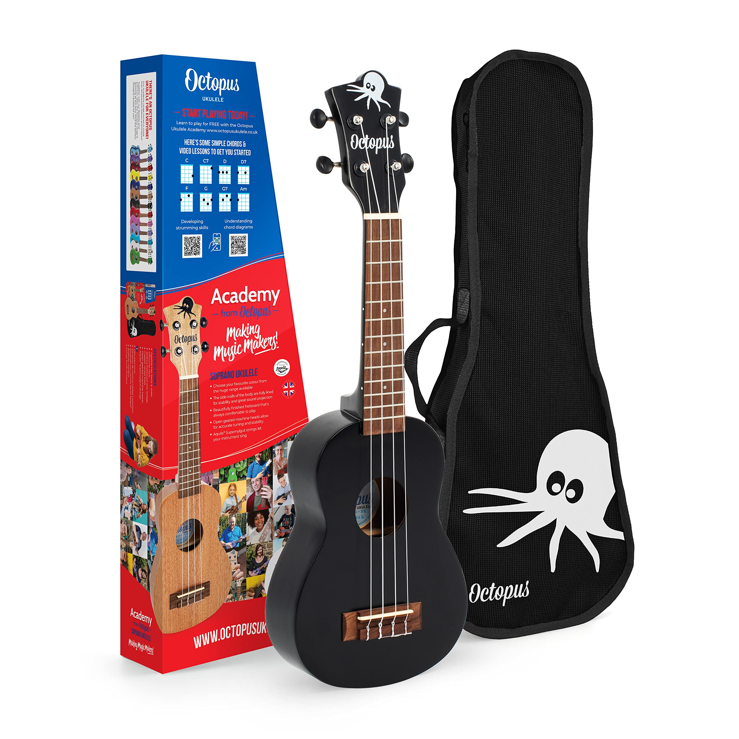 Octopus Ukulele UK200D-BK Soprano Ukulele - Matt Black