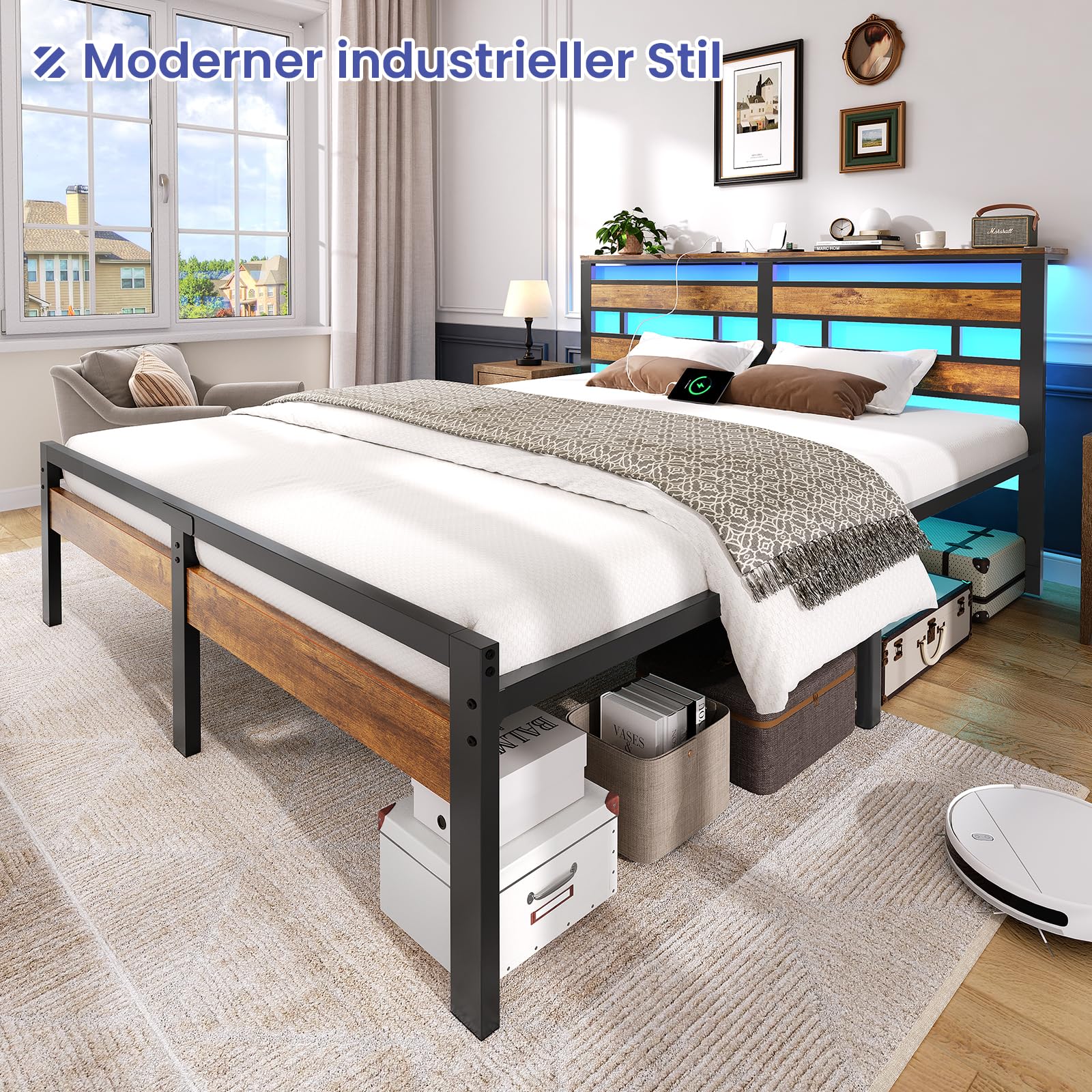 Brinlawb Bett 180x200 mit Lattenrost aus Metall, Doppelbett Bettgestell 180x200cm mit LED Beleuchtung und Ladestation (2 AC-Steckdosen, 1 USB-Anschluss und 1 Type-C-Anschluss) Metallbett mit Kopfteil