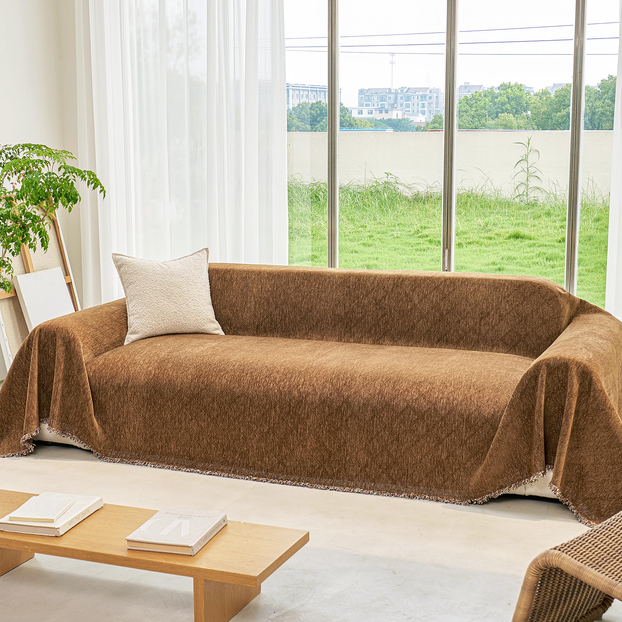 Homeeden Chenille Sofa Large Throw Blanket For 3 4 Seater Settees- Extra Large Sofa Throw Cover L Shape, Luxury Soft Throw for Armchair Couch and Bed.180x420cm Brown