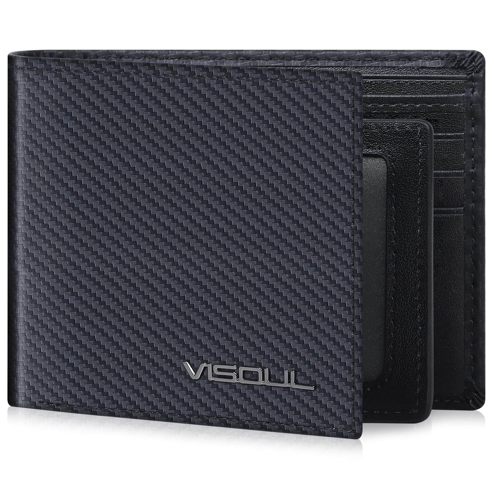 Sponsored Ad - Mens Carbon Fiber Leather Bifold Wallet with 2 ID Windows, RFID Blocking Secure Designer Wallets for Men with Two Cash Compartments (Black+Black)