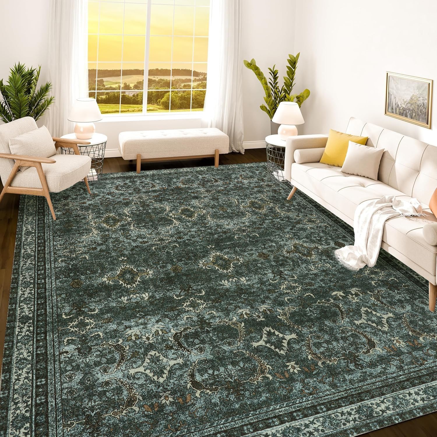 Photo 1 of Istana 8x10 Area Rug - Dark Green 8x10 Rugs for Living Room - Foldable Rugs for Bedroom - Stain Resistant Washable Rug - Eco-Friendly Area Rugs - Easy to Clean Living Room Rug