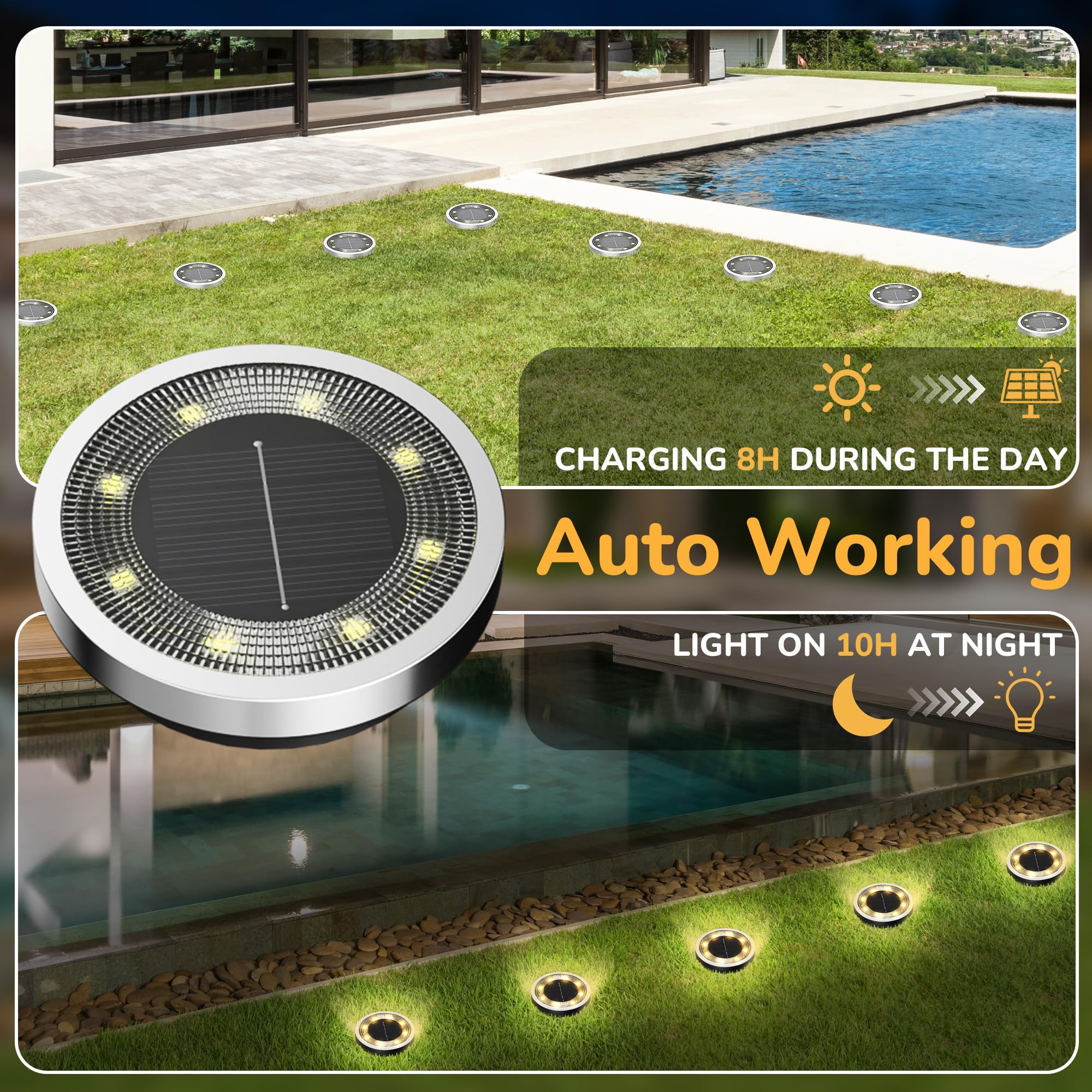 INCX Solar-Bodenleuchten für den Außenbereich, 8 LEDs, IP65 wasserdicht, Warmweiß, 16 Stück | 600mAh Ni-MH Akku, 8-10h Laufzeit, Edelstahl, ABS und PP Körper, Solar Gartenleuchten für Wege, Rasen und Einfahrten