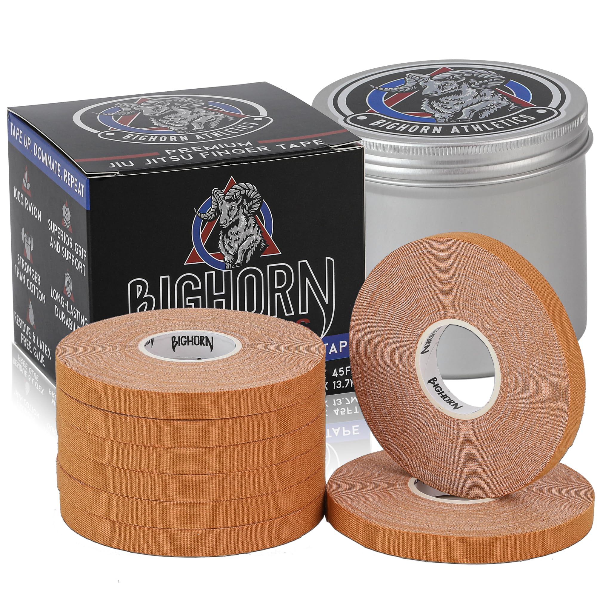 Bighorn Athletics Pro Series Jiu-Jitsu Finger Tape, 8-Rolls with Tin Holder, Enhanced Strength, Residue-Free (0.3-Inch, Nude)
