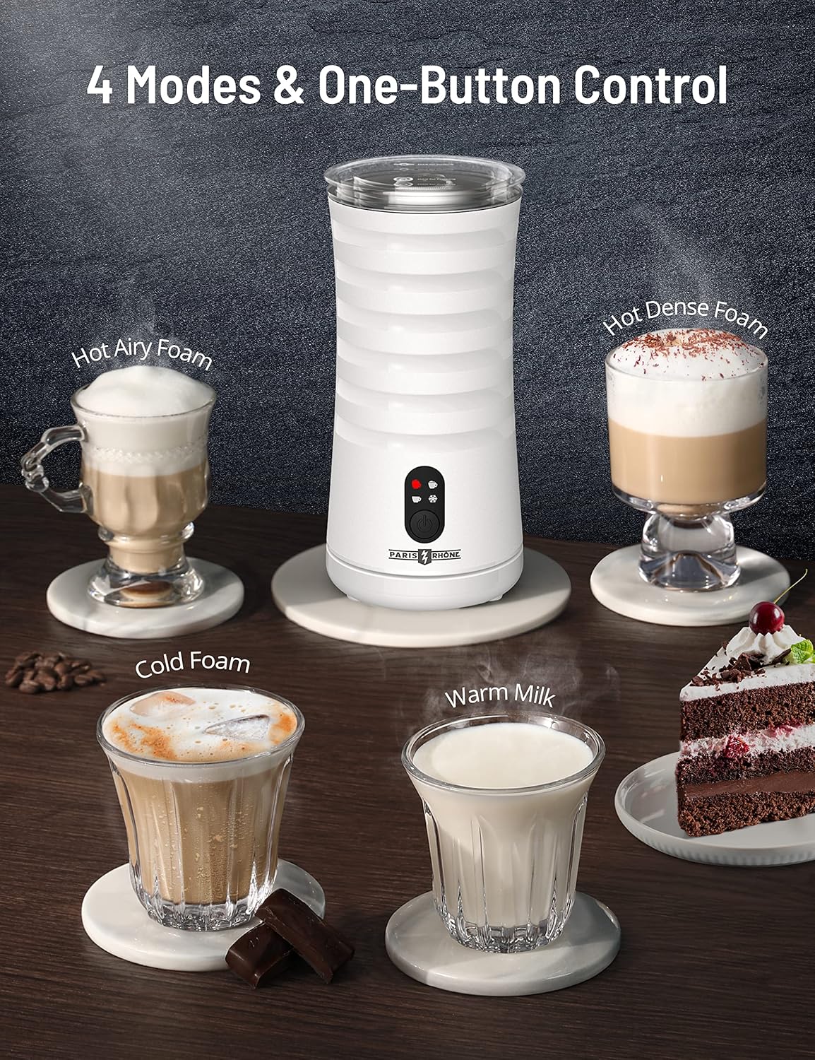 Milk Frother, PARIS RHÔNE 4-in-1 Automatic Coffee Frother, 240ml, 400w, Non-Slip Stylish, Hot & Cold Electric Milk Warmer with Temperature Control, Auto Shut-Off for Coffe, Latte, Cappuccino