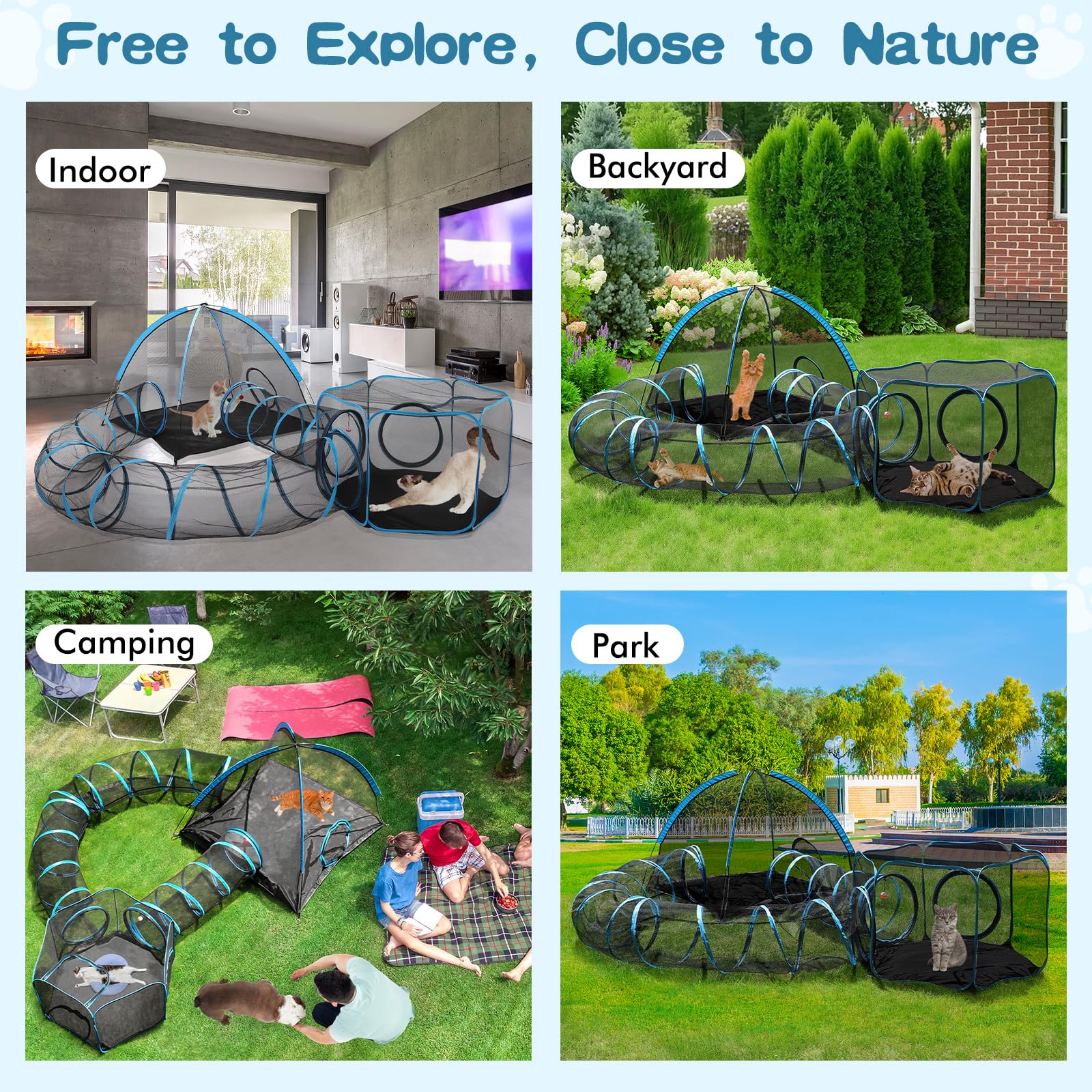 Outdoor-Katzengehege, 4-in-1-Katzenzelt Outdoor Pet Playpen mit Tunnel, tragbare Catio Play Pen für draußen und drinnen Katzengehege mit Aufbewahrungstasche für Kitty und kleine Tiere