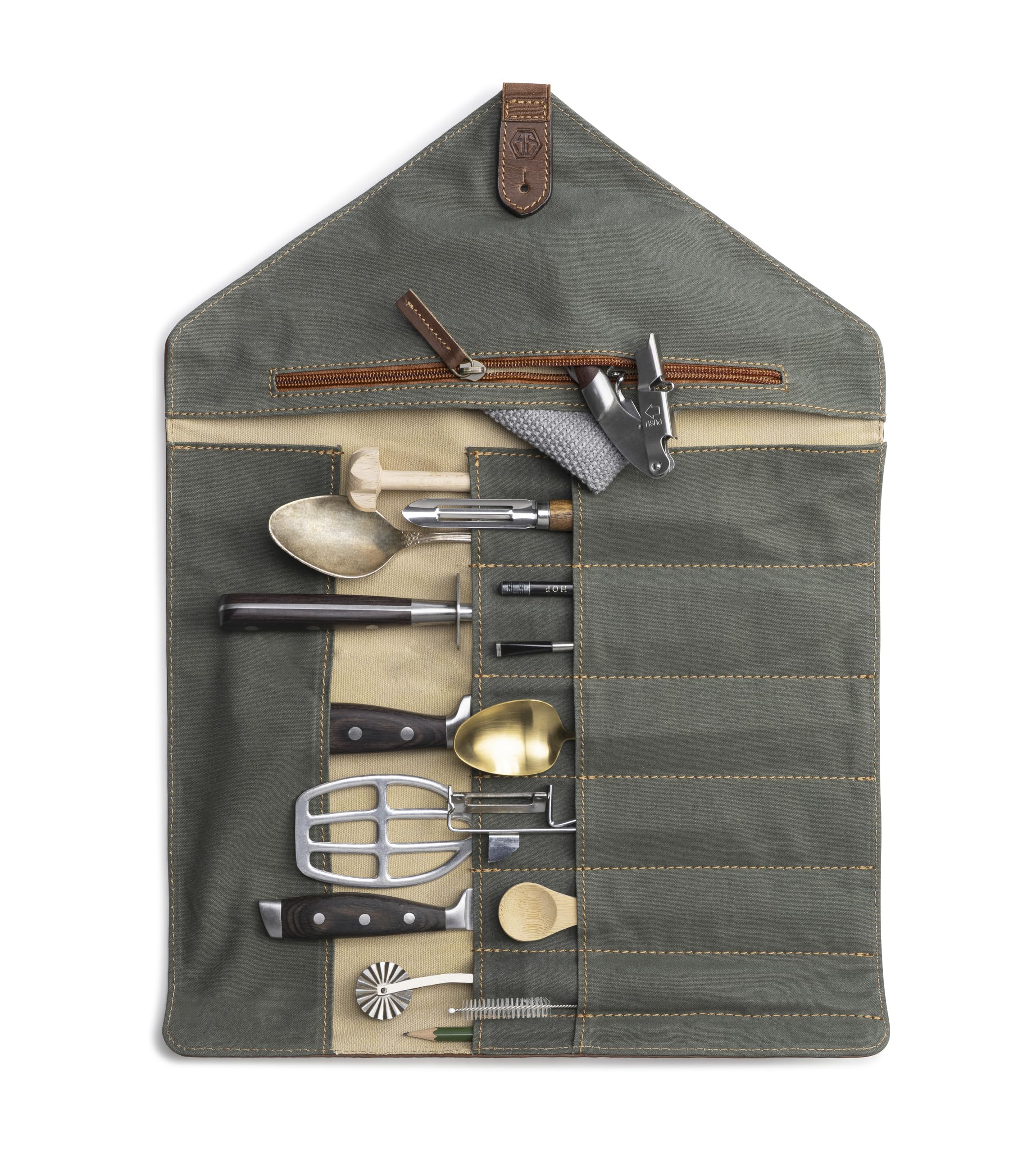 Angus Stoke Messertasche für Kochmesser aus Büffelleder | 14-Fächer Leder-Messerrolle für Köche – Messer, Kochtasche Gross Gustav (Braun)