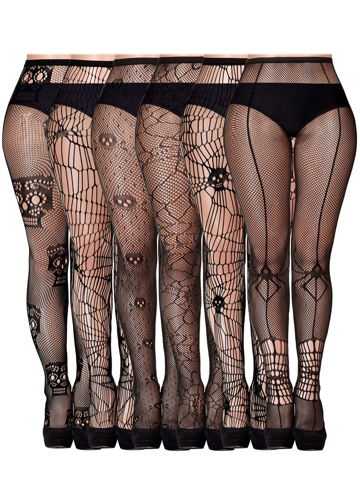 Sintege Fishnet Stockings for Women Halloween Black Tight Skull Spider Web Fishnet Tights High Waist Mesh Pantyhose Stockings(Cool Style,6 Pairs)
