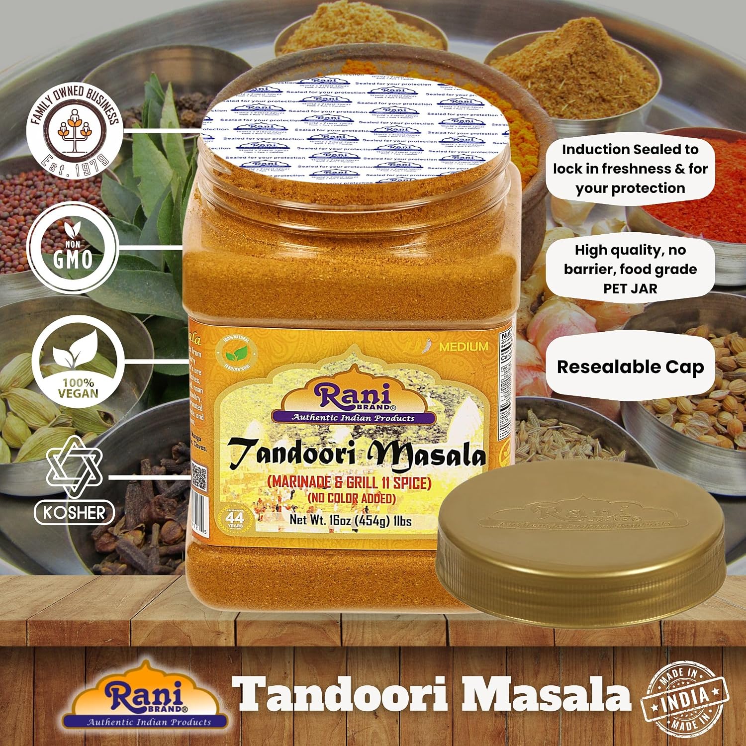 Rani Tandoori Masala (Natural, No Colors Added) Indian 11-Spice Blend 16oz (1lb) 454g PET Jar ~ Salt Free | Vegan | Gluten Friendly | NON-GMO | Kosher | Indian Origin image 4