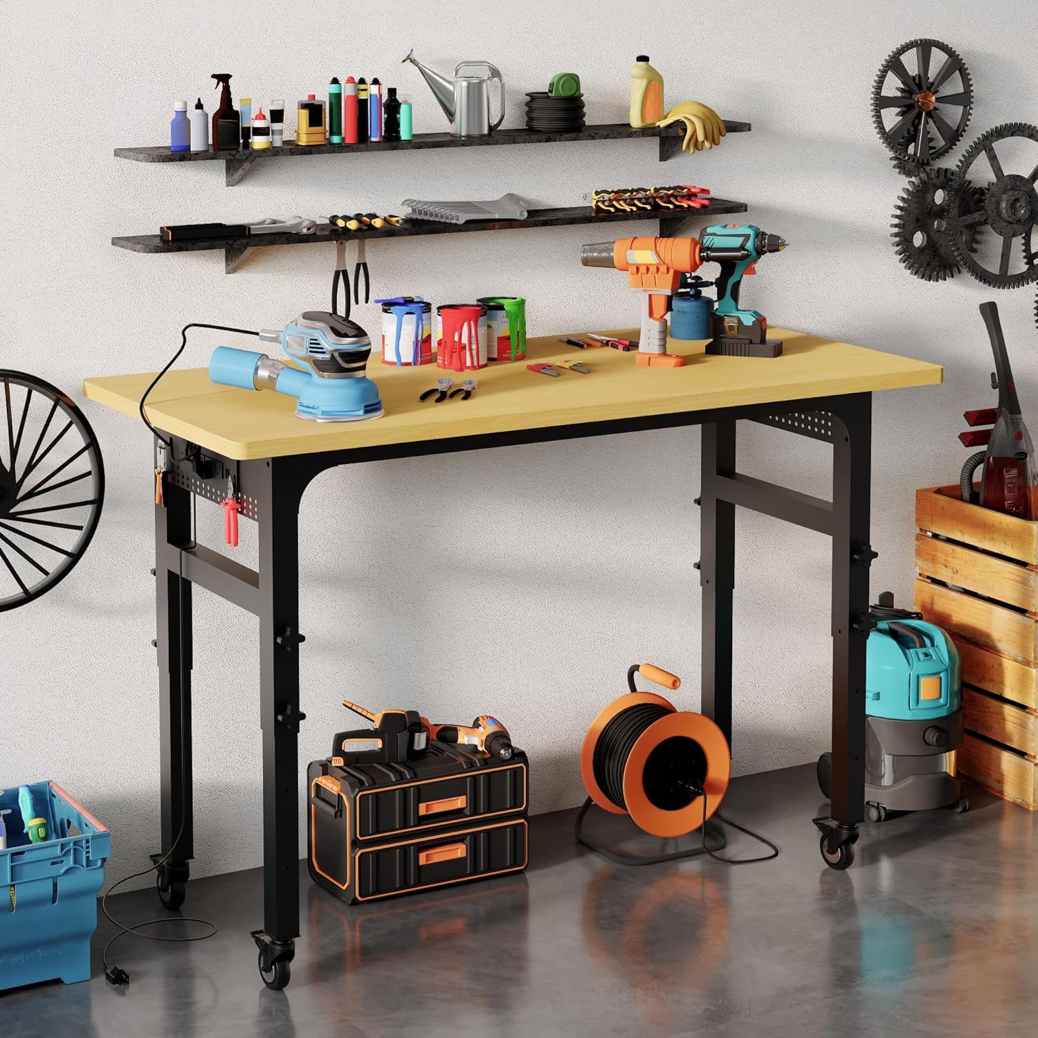 60″ Heavy Duty Work Bench with Wheels, Adjustable Height 2000 Lbs Garage Workbench w/Pegboard Pad & Power Outlets, Portable Mobile Tool Work Table for Woodworking Workshop Home Office (60″ L)