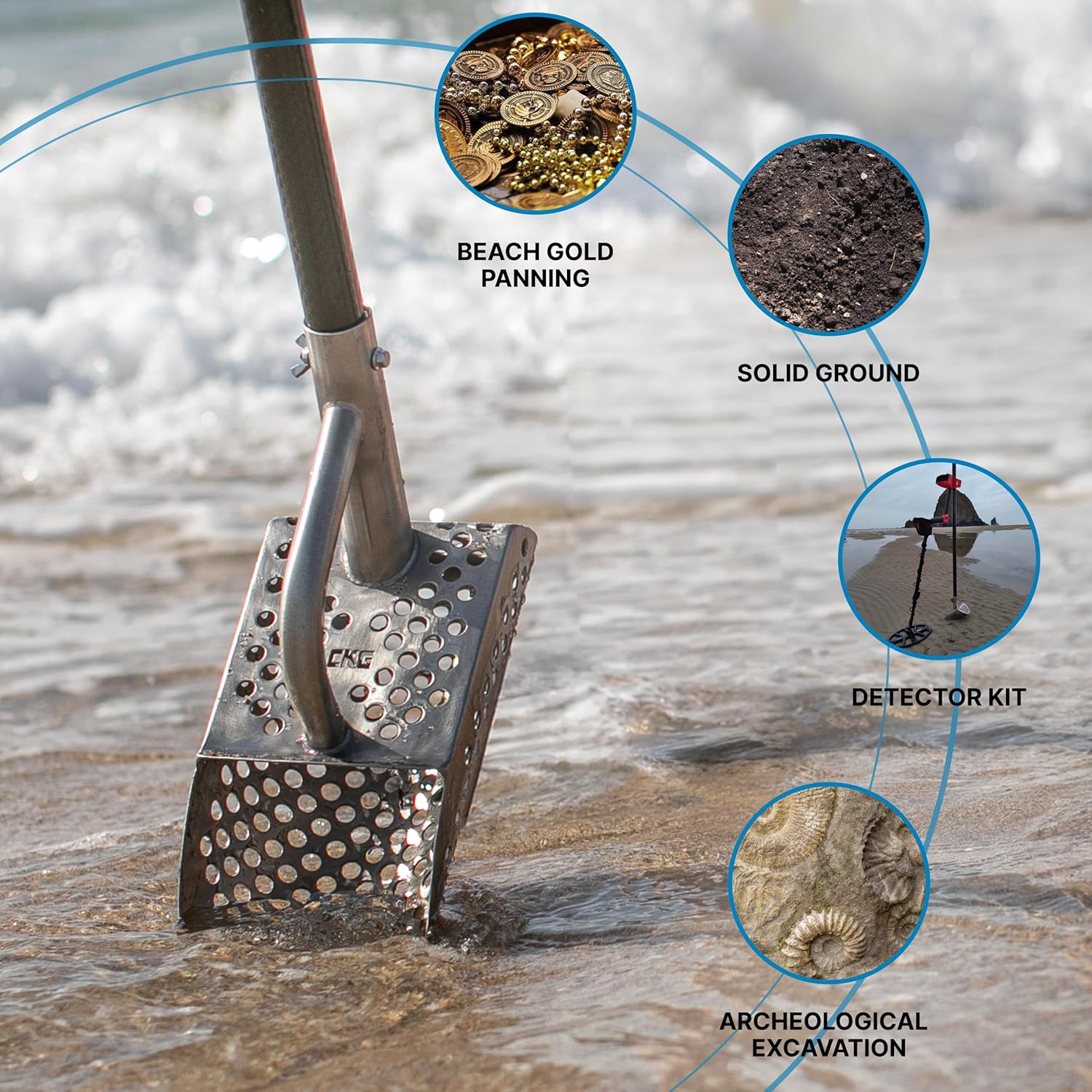 CKG Sand Scoop for Metal Detecting Heavy Duty Sand Sifter for The Beach Stainless Steel 304, Metal Detector Sand Shovels for Beach, Without Handle/Universal