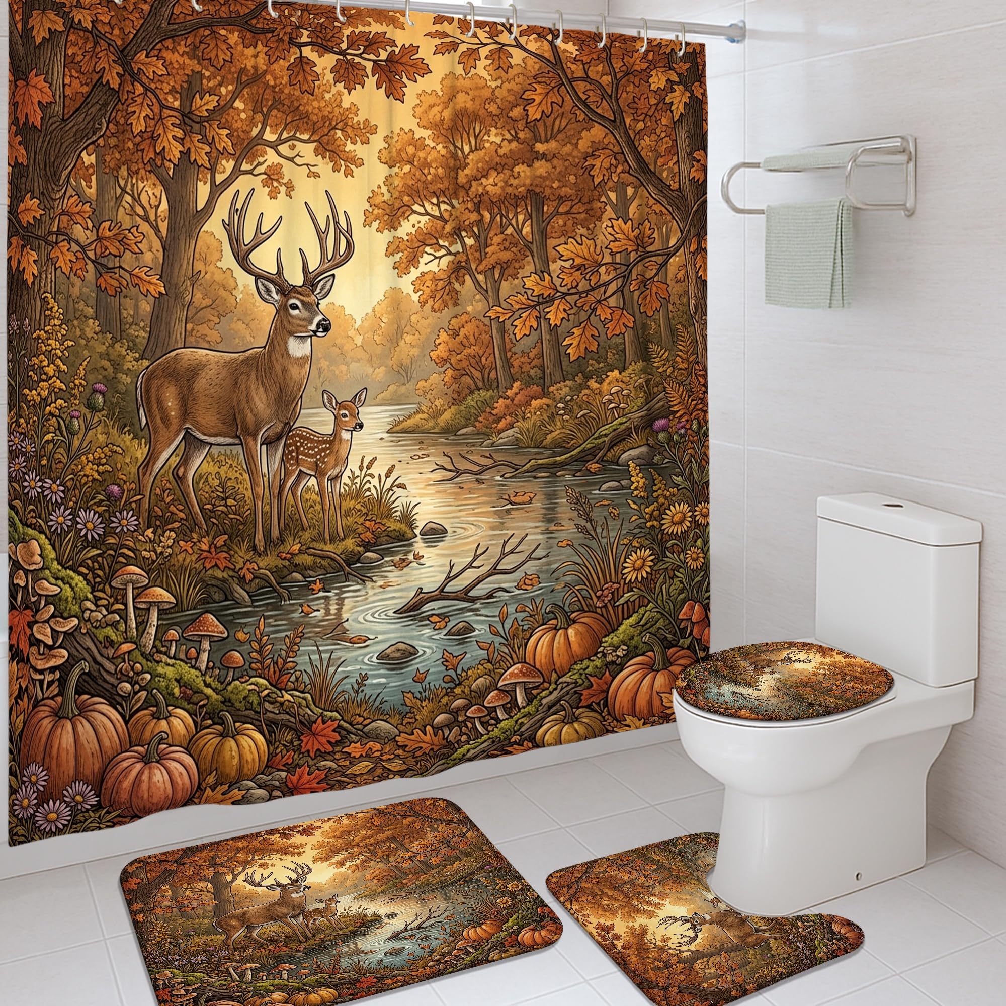 Rideau de douche cerf et automne avec tapis de bain lavable et crochets