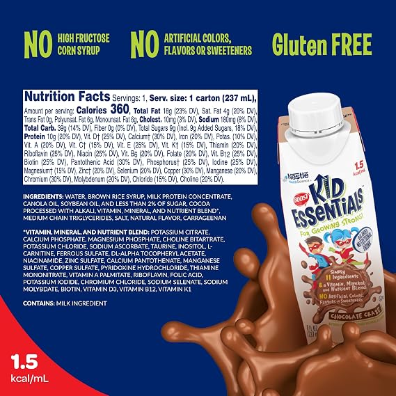 BOOST Kid Essentials (1.5 kcal/mL) Chocolate Craze Nutritional Drink, 10g Protein, Vitamin C, D, B12, and Zinc, 8 Fl Oz (Pack of 24)