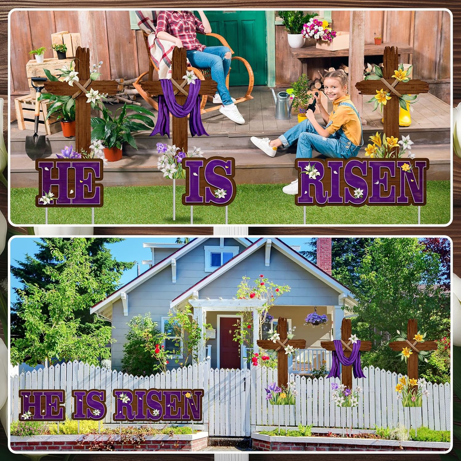 Menkxi 14 Pcs Easter Large Yard Sign Holiday Outdoor Lawn Decorations Religious He Is Risen Easter Yard Decor with Stakes Spring Cross Sign for Lawn Pathway Garden Christian Holiday Party Decor