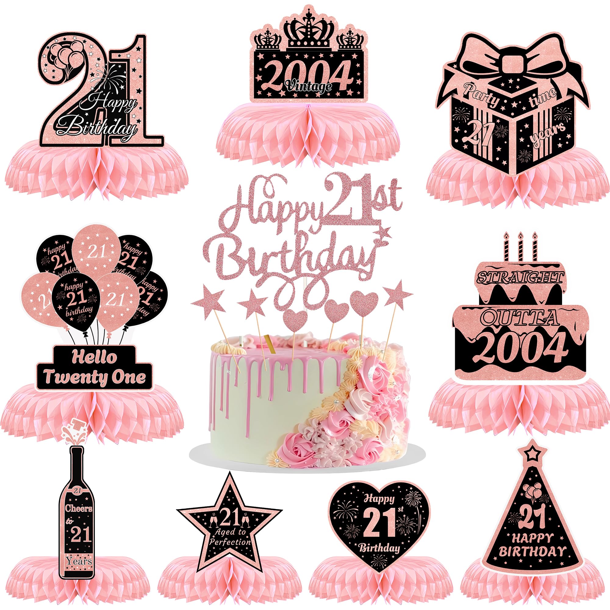 21st Birthday Table Decorations Centerpieces - 10 Pcs Rose Gold Honeycomb Centerpieces Cake Topper Supplies Cheer To 21 Years Old Table Decoration For