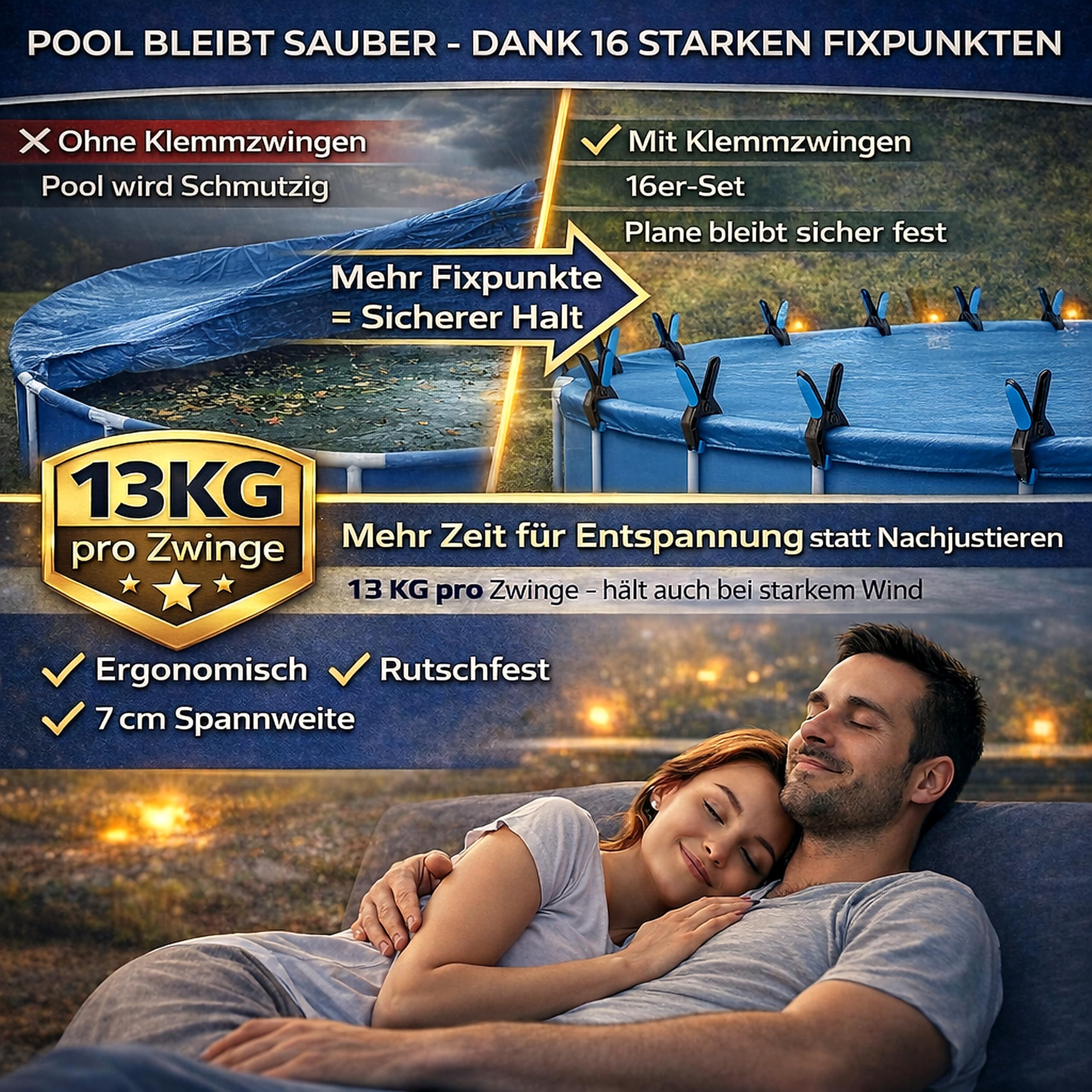 Lot de 16 serre-joints avec une force de serrage de 13 kg et une envergure de 7 cm pour des fixations solides et stables à coller, pour des toiles photo ou comme protection de bâche de piscine