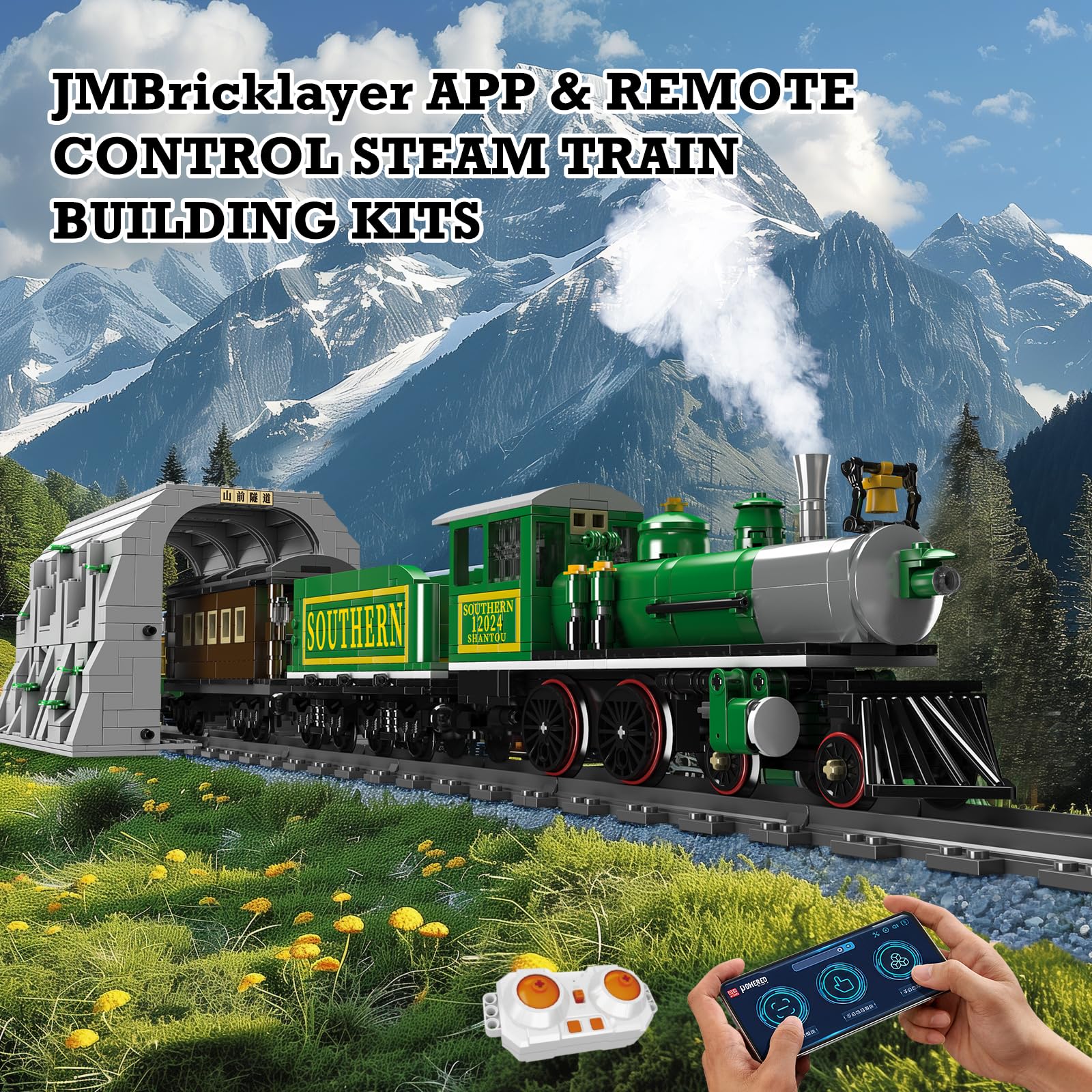JMBricklayer Zugsets für Erwachsene 51110, Dampflokomotive-Modell-City-Express-Personenzug-Bausatz, RC-Zugspielzeug mit Tunnel und Bahngleis, Sammelsets, Geschenke für Jungen ab 14+ Jahren