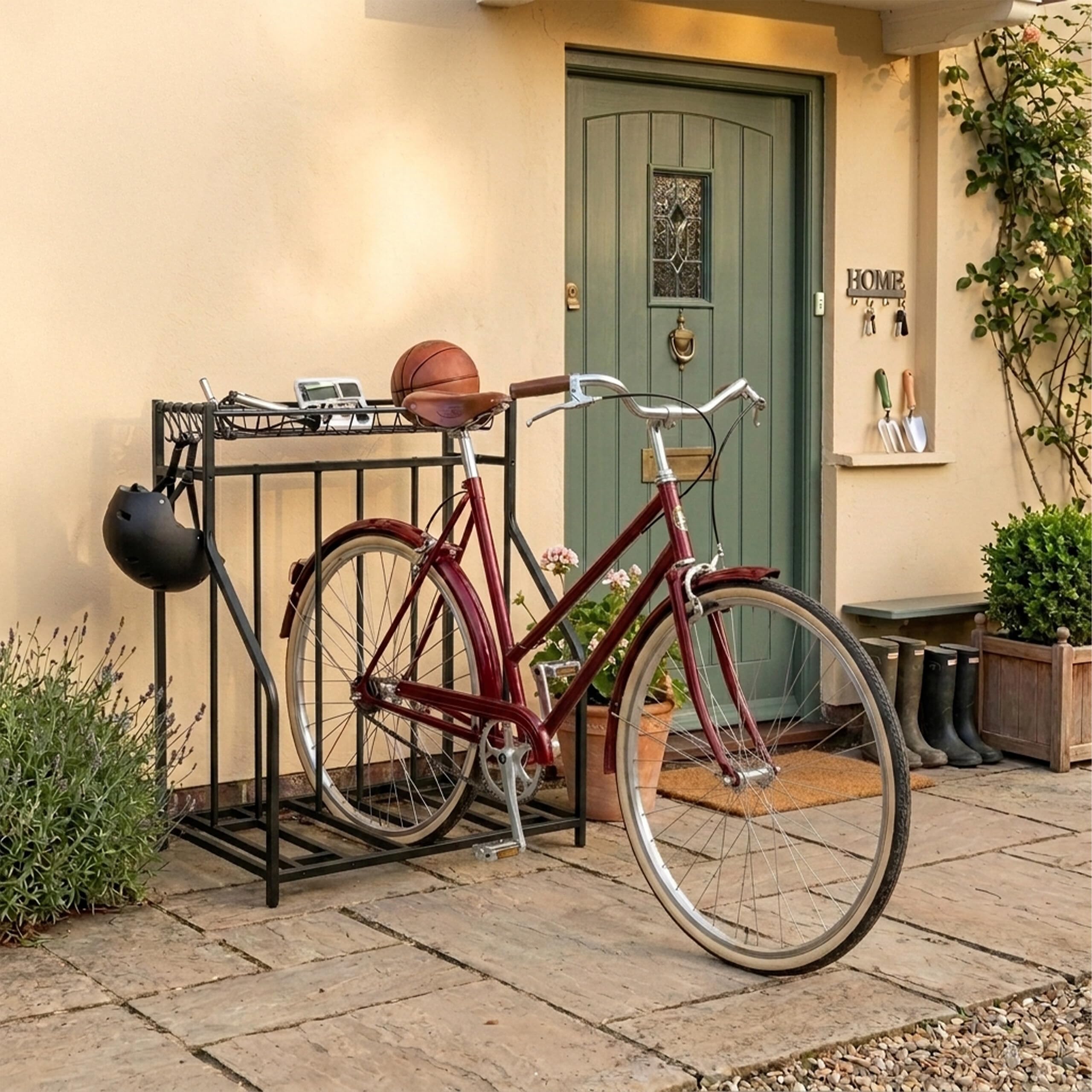 Relaxdays Portabici da Terra per 3 Biciclette, Larghezza Pneumatici Regolabile 3–11 cm, Cesto e 6 Ganci, Nero
