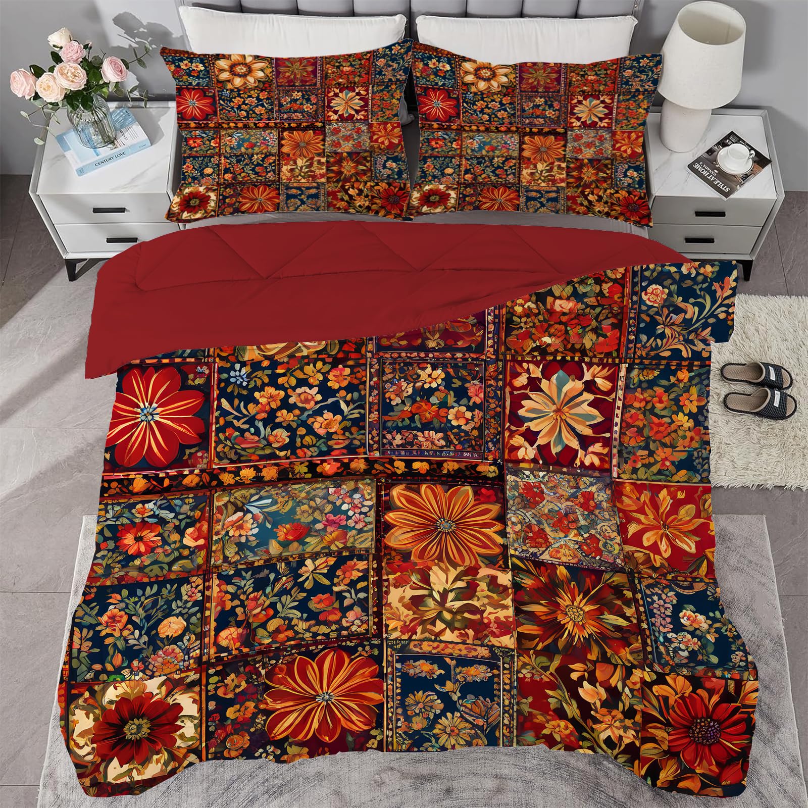 Couette 220x240 - Couette Imprimée Patchwork - Couette 4 Saisons Motif Bohème Fleurs - Couette Réversible 2 Personnes Édredon Lavable et Taies d'oreiller 65x65 - Rouge B53