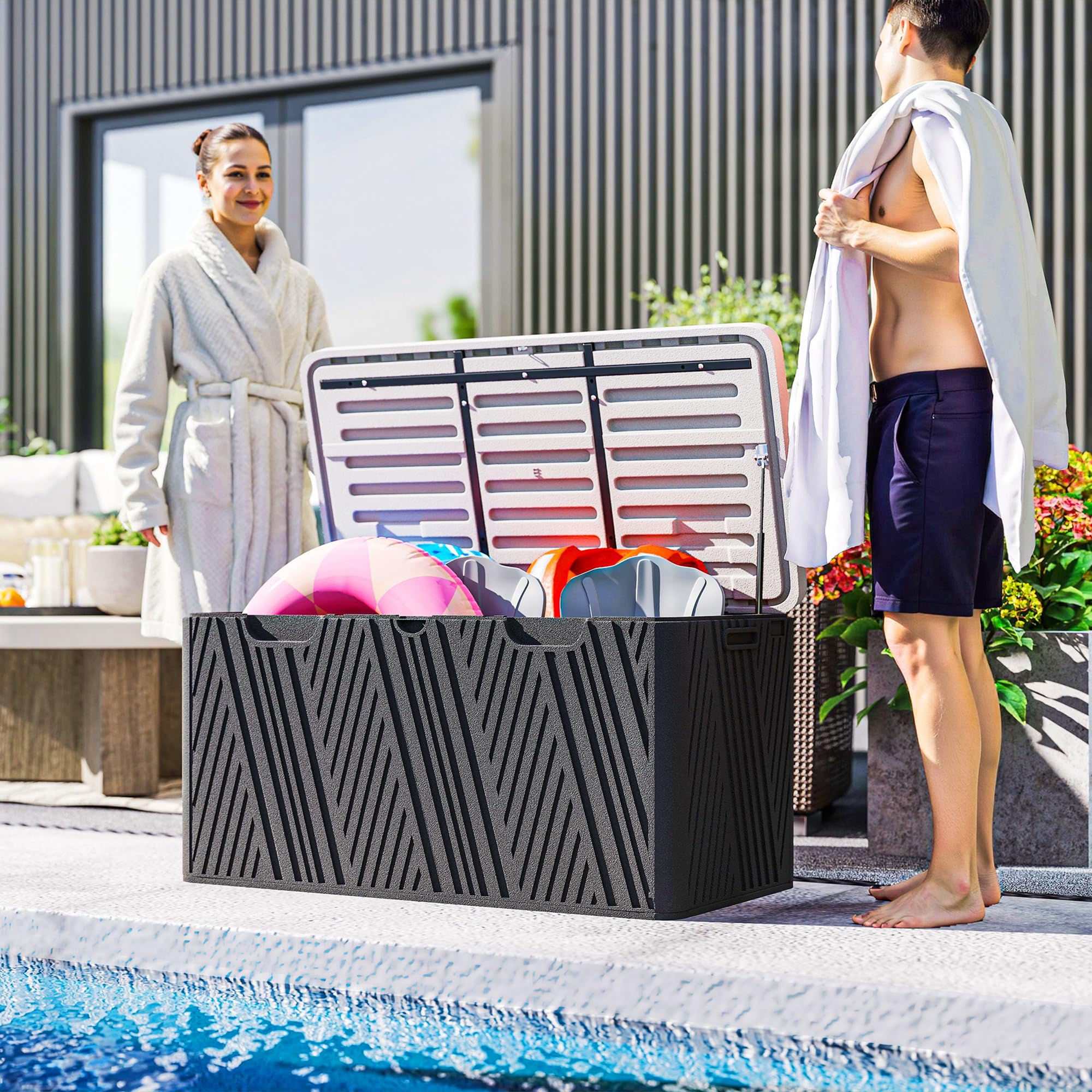 Outsunny Baule da Esterno da 380L Impermeabile in HDPE, Cassapanca Contenitore da Esterno con Coperchio a Leva e 2 Maniglie Laterali, Protezione UV, 115x60x60 cm, Nero e Grigio