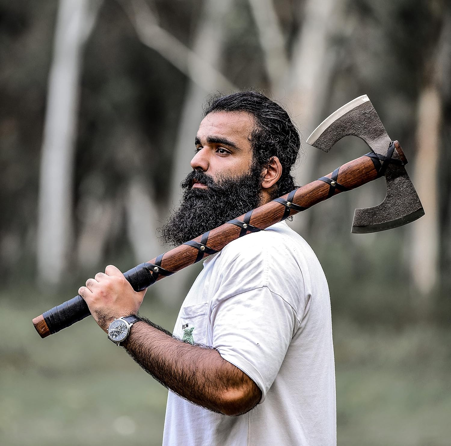 Custom Viking Battle Axe with Leather Wrap - Hand Forged Double Bit Axe