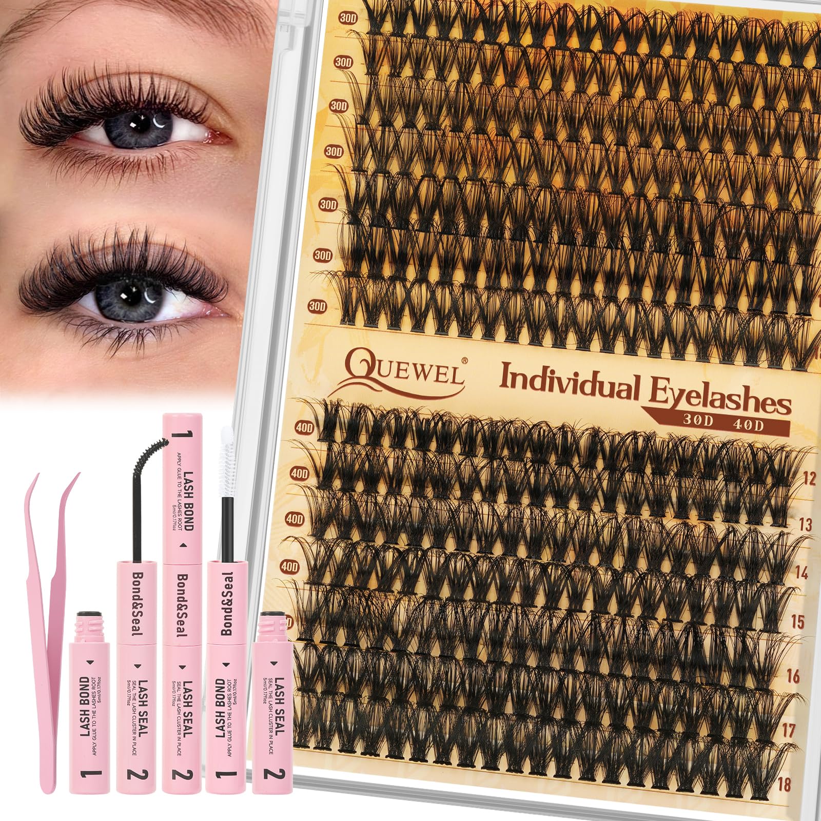 QUEWEL Lash Clusters Kit 280 Pcs Lash Clusters 30D 40D 12-18mm Thin Band Lashes Clusters Natural Look Eyelash