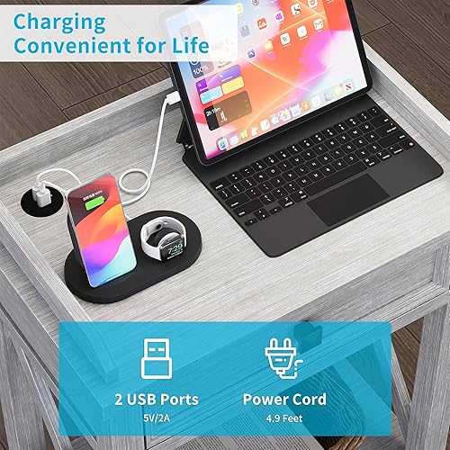 Miniatura 4 de karlott Mesita de noche alta con estación de carga, mesita de noche de madera de 22 pulgadas con cajón, mesita de noche con almacenamiento y