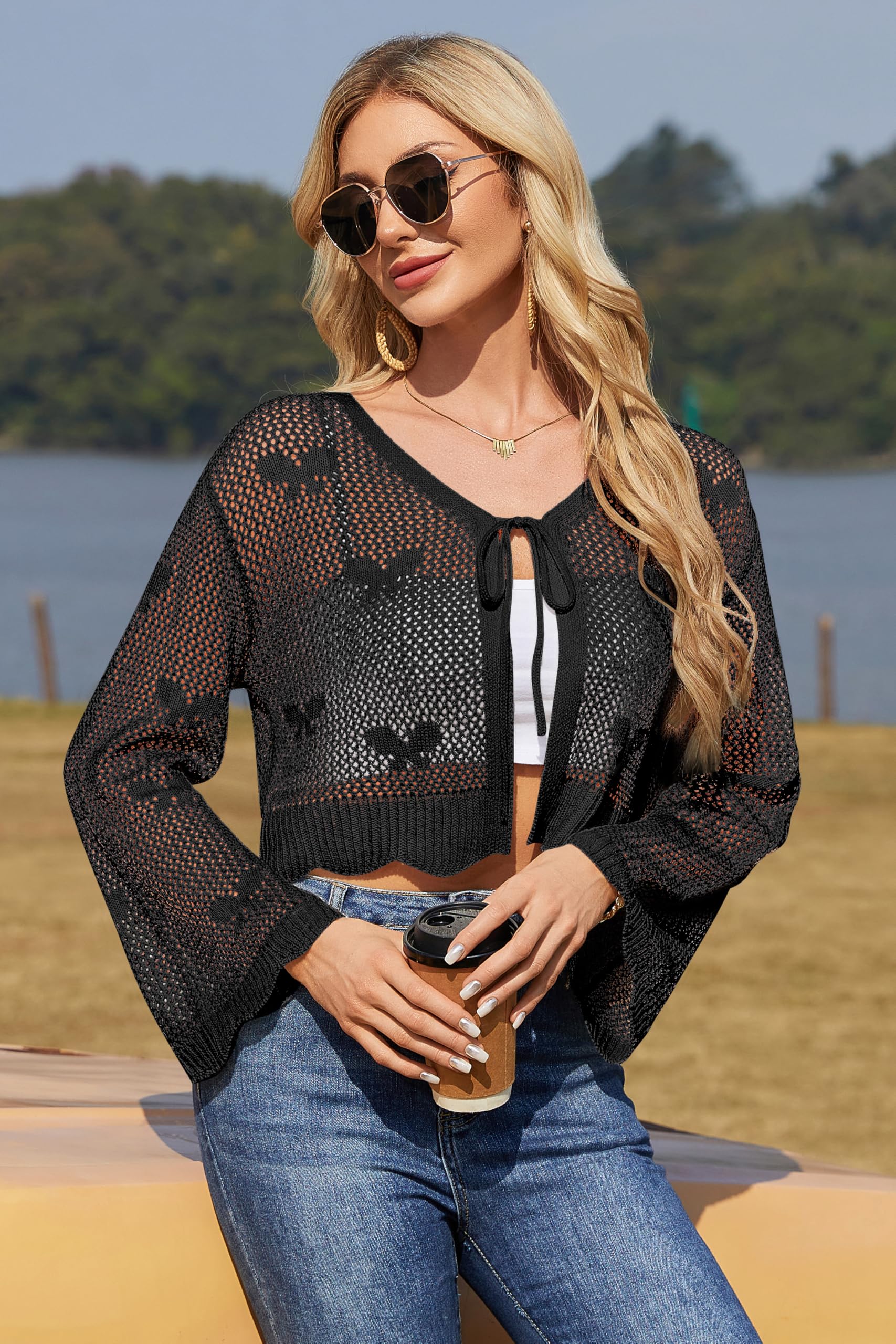 Cardigan d'été festif pour femme avec nœud sur le devant, manches longues, crochet, col en V, manches évasées, cardigan